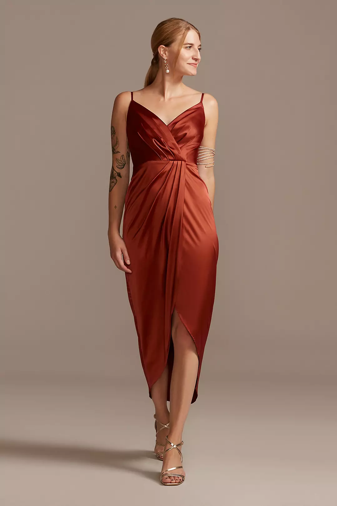Pleated Bodice Spaghetti Strap Satin Tulip Dress - Image 11