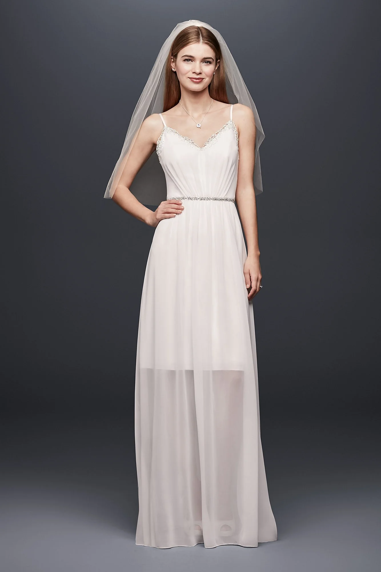 Pleated Chiffon Gown with Ribbon Straps and Lace - Image 2
