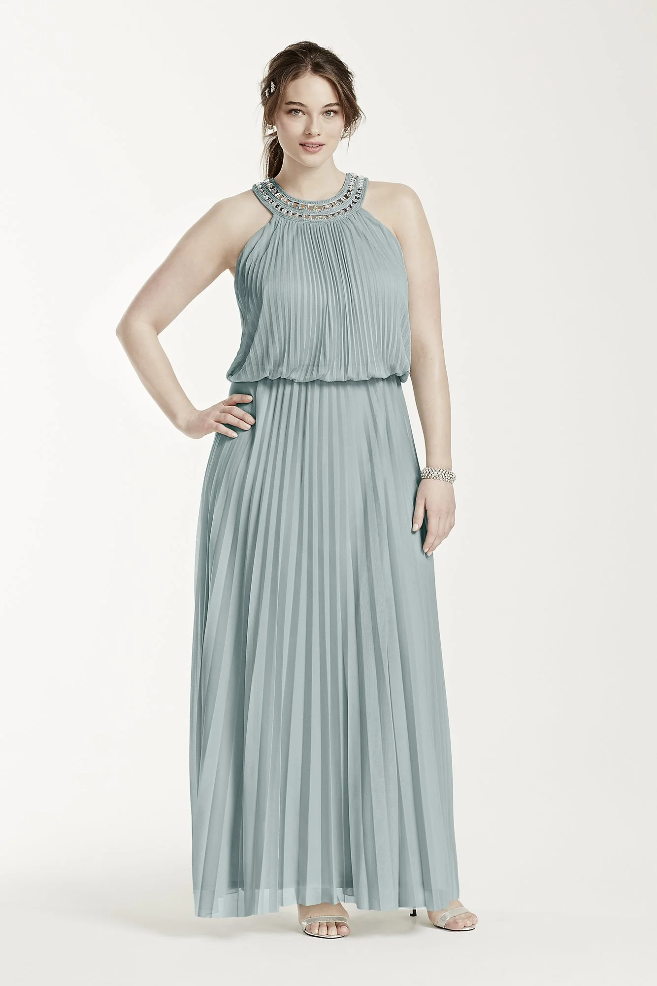 Pleated Crystal Embellished Neckline Blouson Gown - Image 3