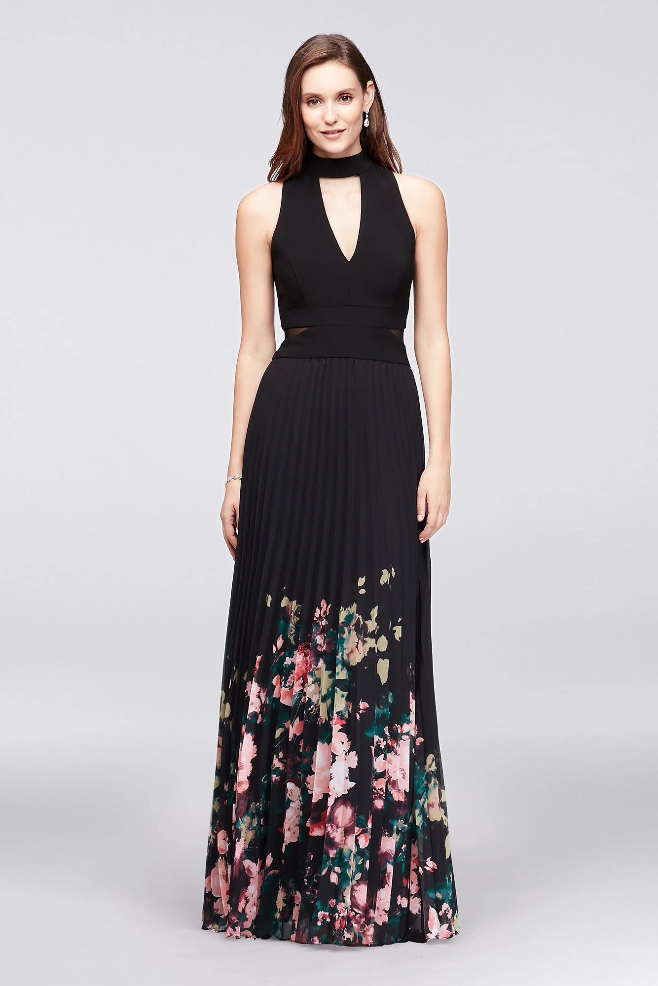Pleated Floral-Print Chiffon Choker Dress