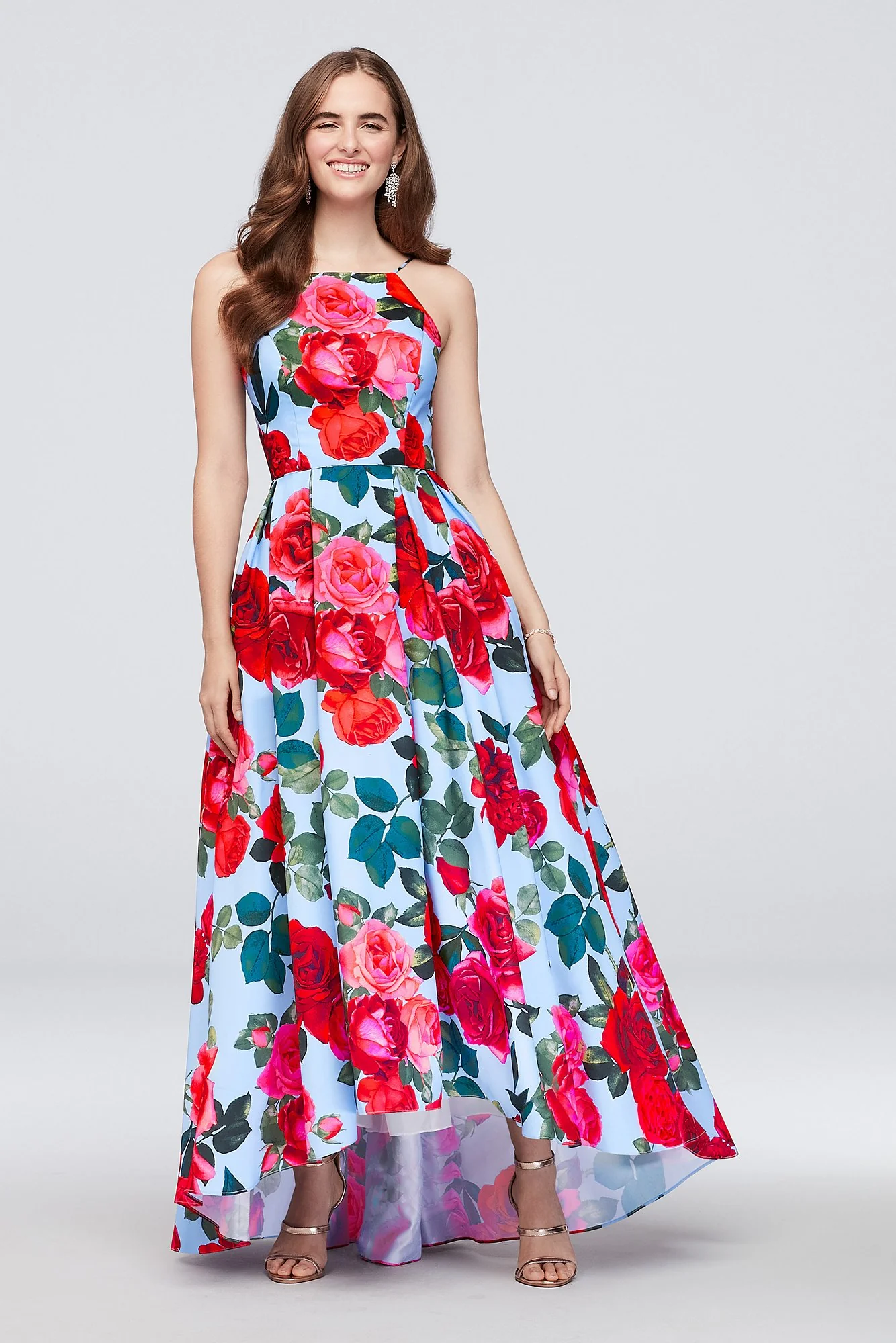 Pleated Lace-Up High Neck Floral-Printed Ball Gown