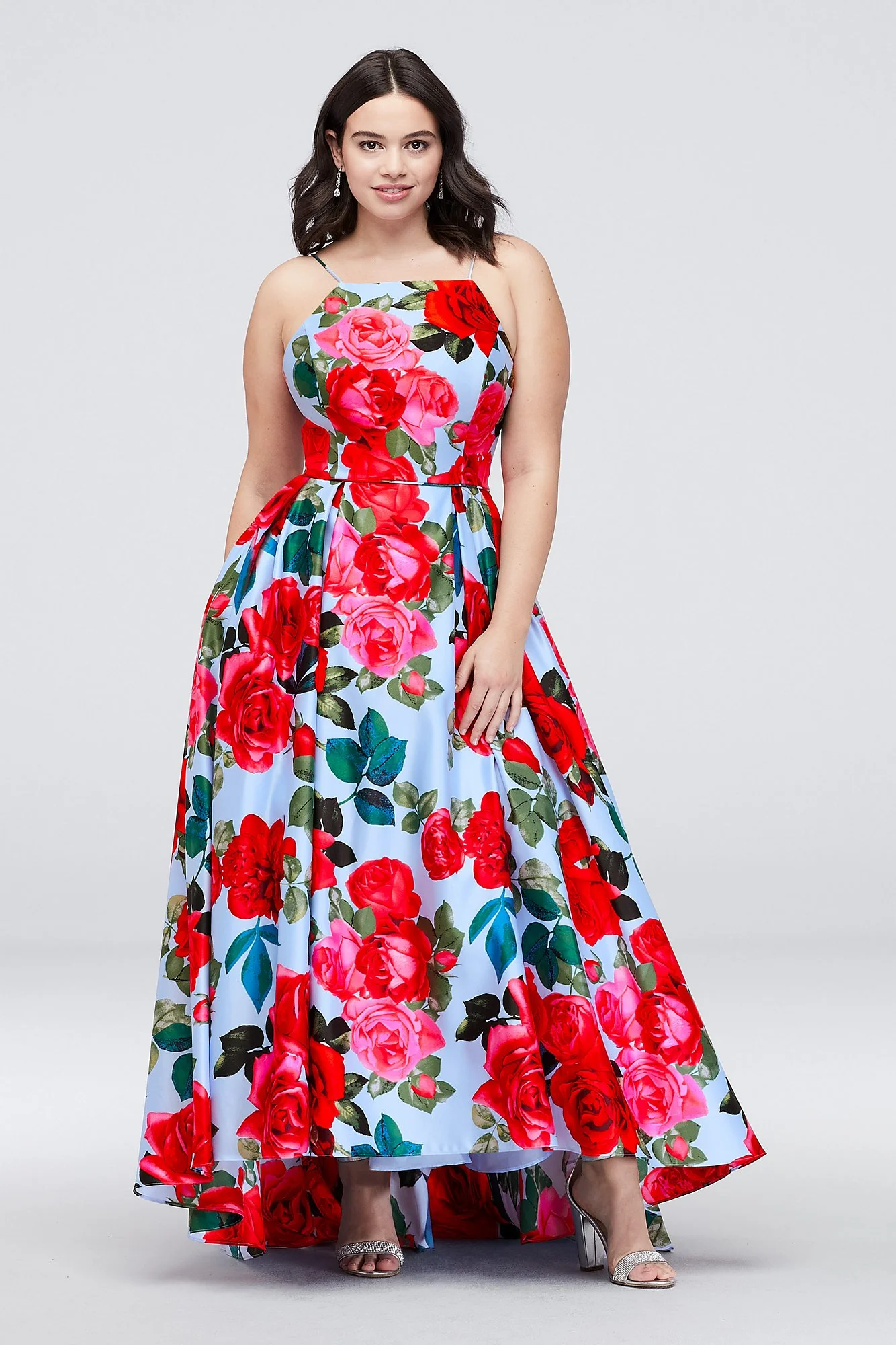 Pleated Lace-Up High Neck Floral-Printed Ball Gown - Image 3