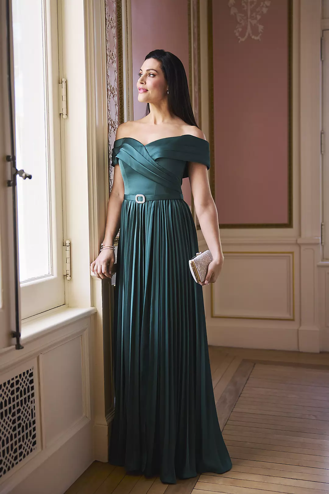 Pleated Matte Satin Off-the-Shoulder A-Line Dress - Image 3