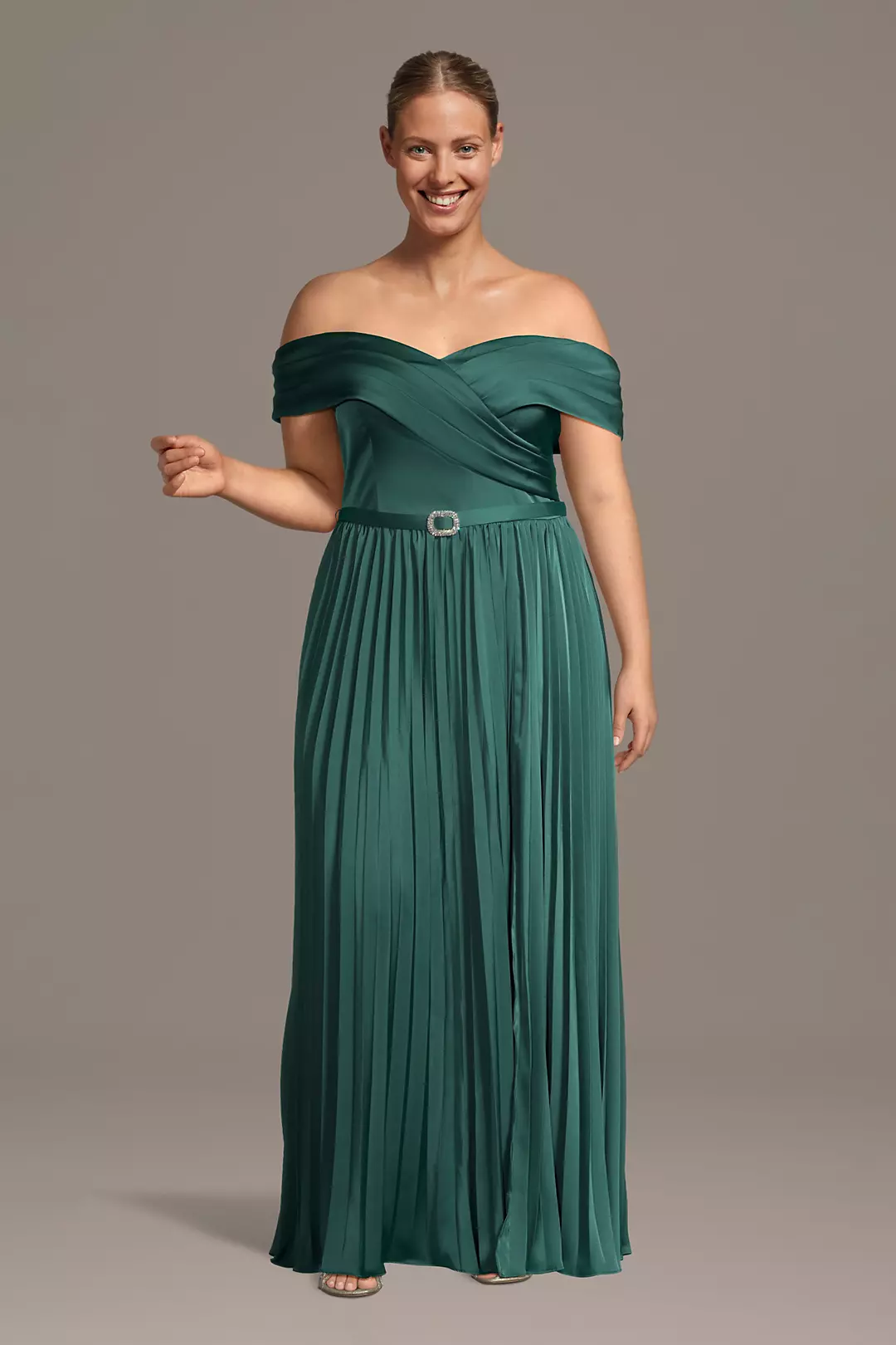 Pleated Matte Satin Off-the-Shoulder A-Line Dress - Image 6