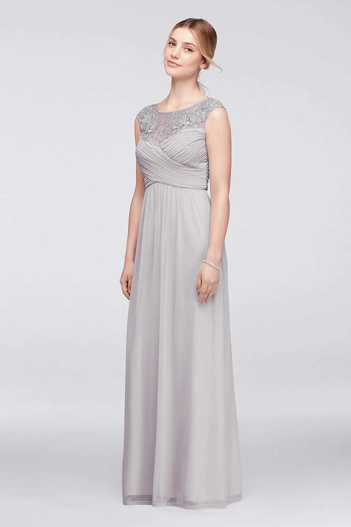Pleated Mesh Illusion Gown with Floral Appliques - Image 2