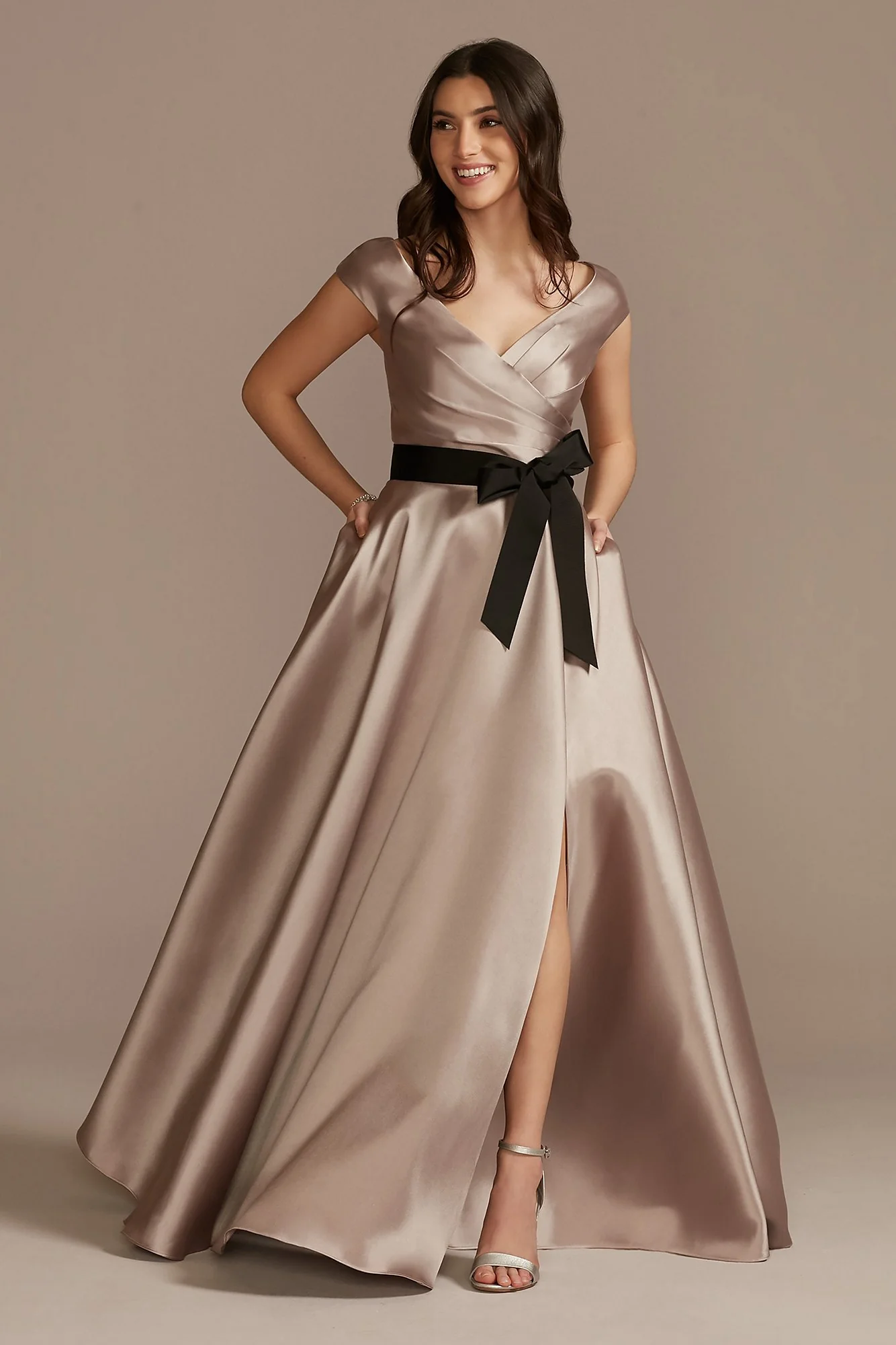 Pleated Satin Cap Sleeve Dress with Bow