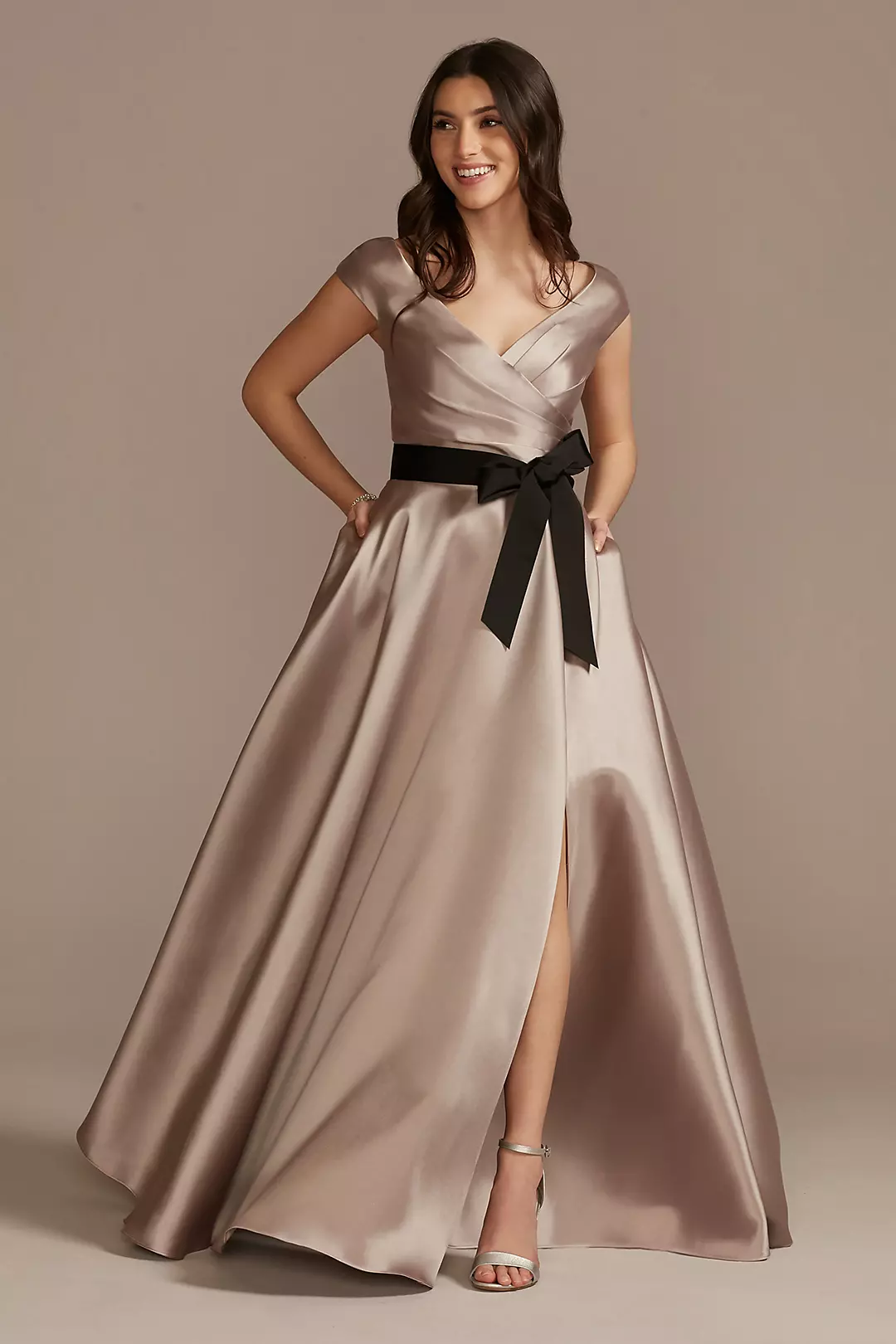 Pleated Satin Cap Sleeve Dress with Bow - Image 4