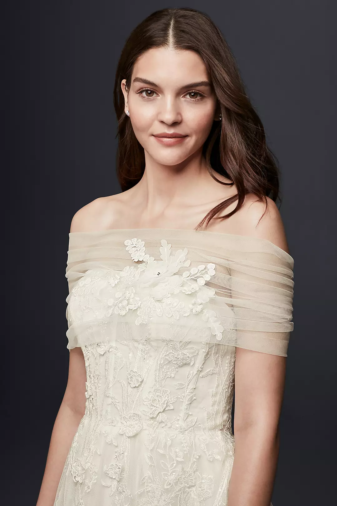 Pleated Tulle Off-the-Shoulder Wrap with Flowers - Image 3