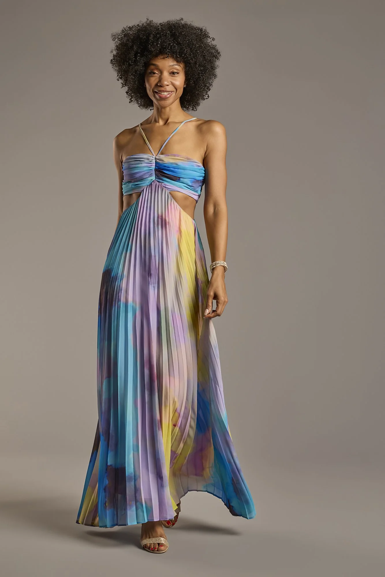 Pleated Watercolor Print Cutout A-Line Dress - Image 2
