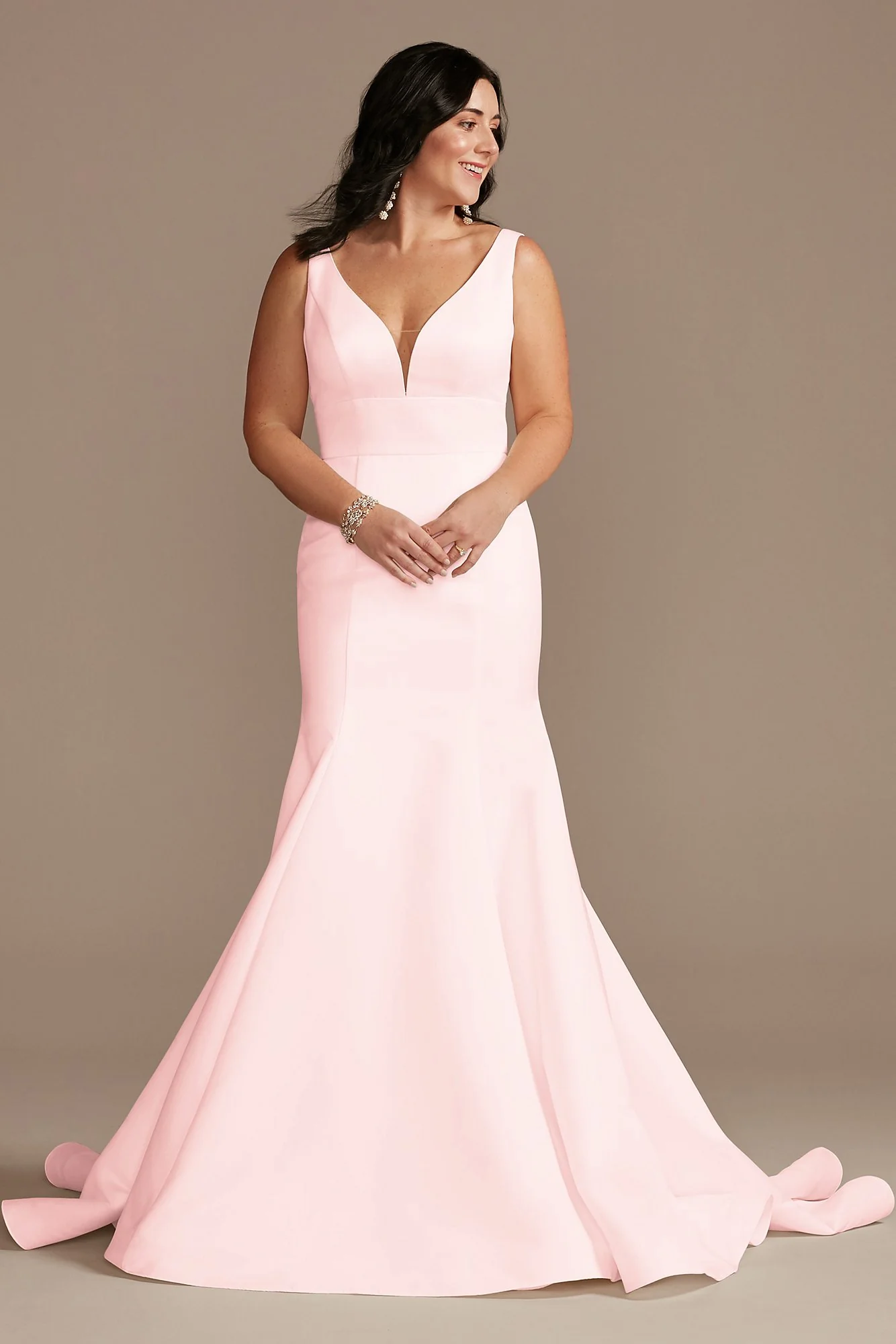 Plunge Mermaid Buttoned Satin Petite Wedding Dress