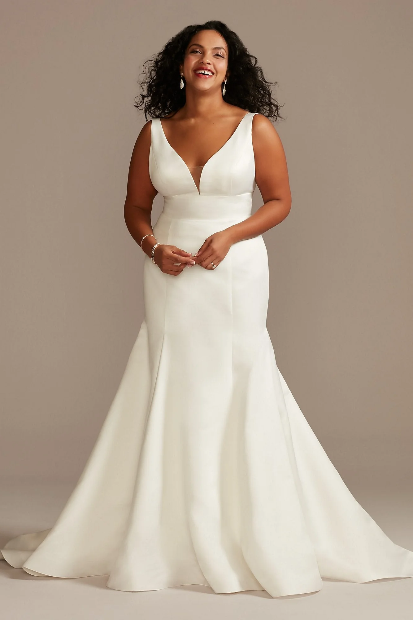 Plunge Mermaid Buttoned Satin Petite Wedding Dress - Image 15