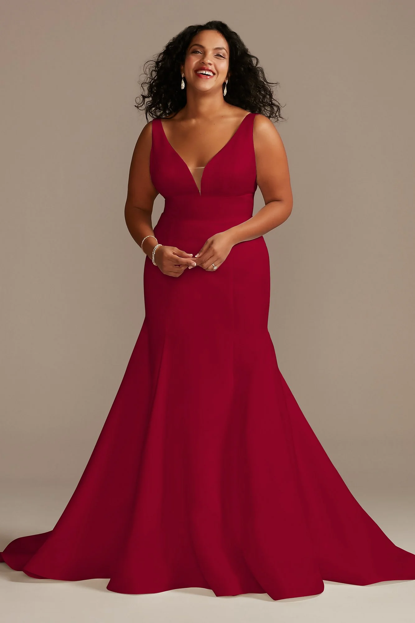 Plunge Mermaid Buttoned Satin Petite Wedding Dress - Image 17
