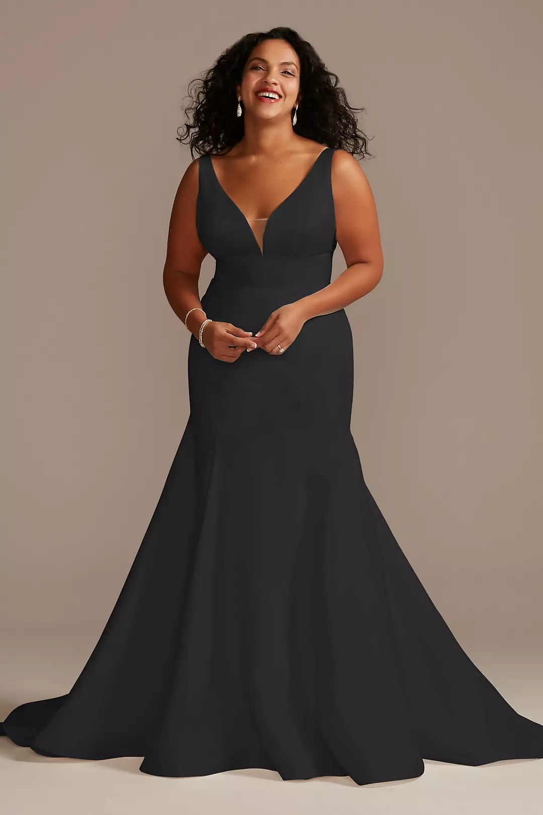 Plunge Mermaid Buttoned Satin Petite Wedding Dress - Image 19