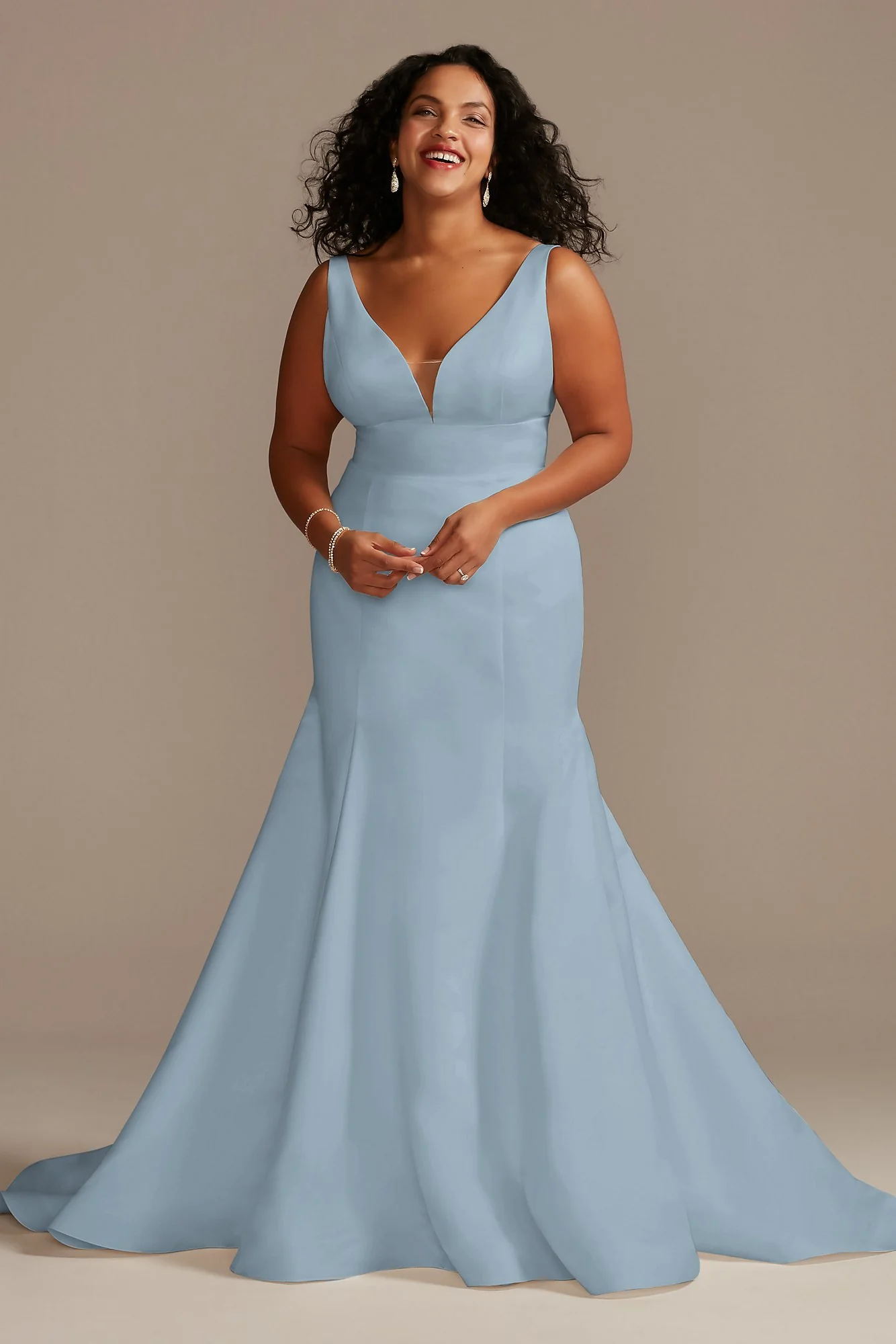 Plunge Mermaid Buttoned Satin Petite Wedding Dress - Image 21