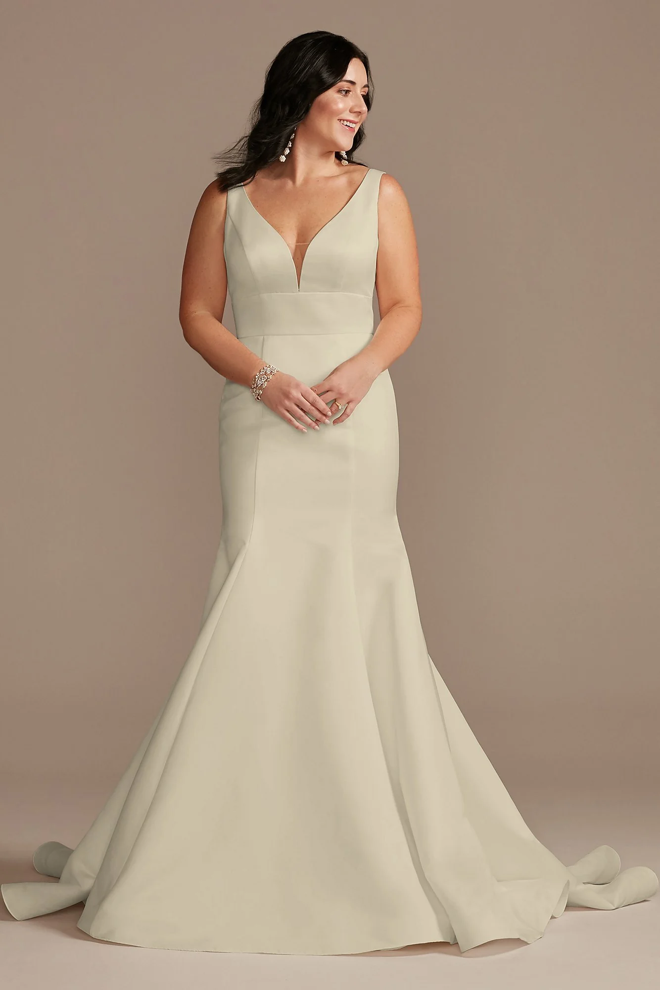 Plunge Mermaid Buttoned Satin Petite Wedding Dress - Image 23