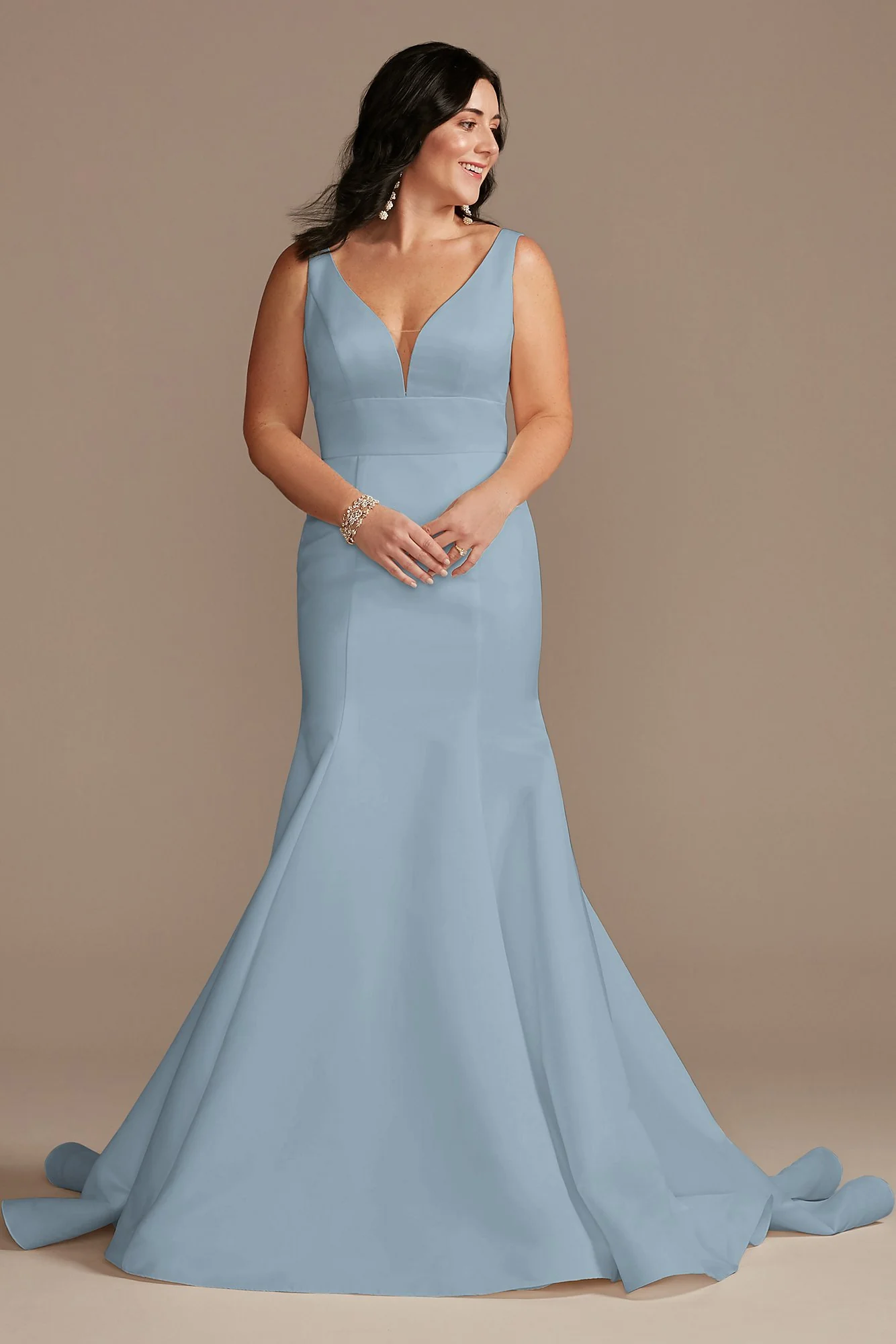 Plunge Mermaid Buttoned Satin Petite Wedding Dress - Image 27