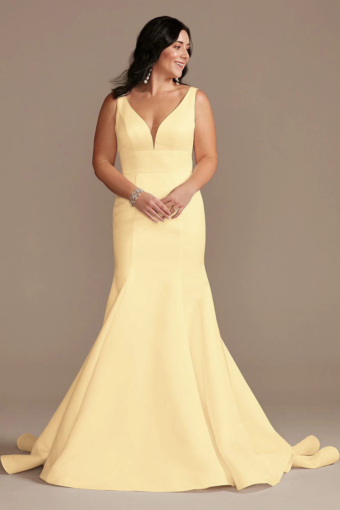 Plunge Mermaid Buttoned Satin Petite Wedding Dress - Image 31