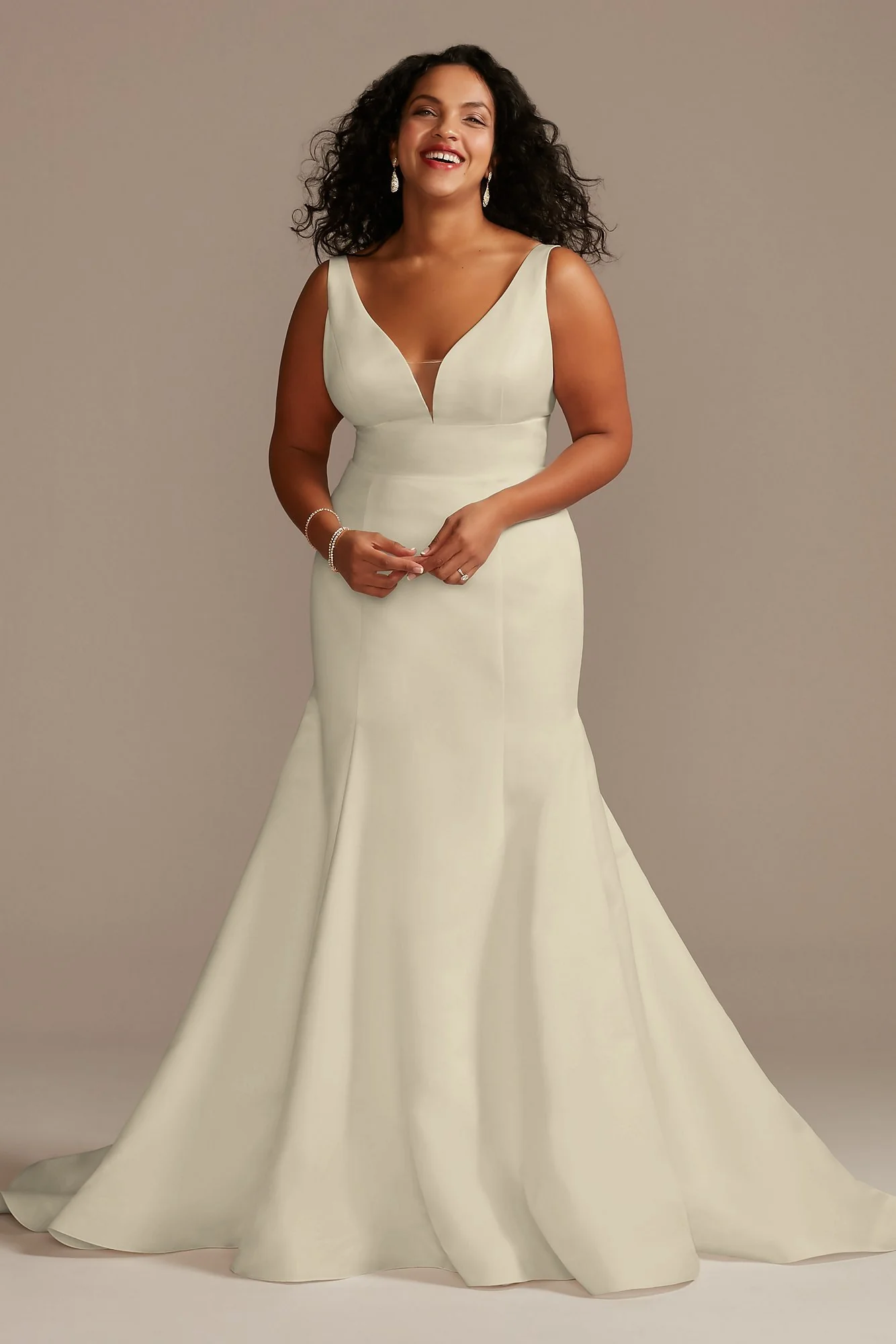 Plunge Mermaid Buttoned Satin Petite Wedding Dress - Image 33