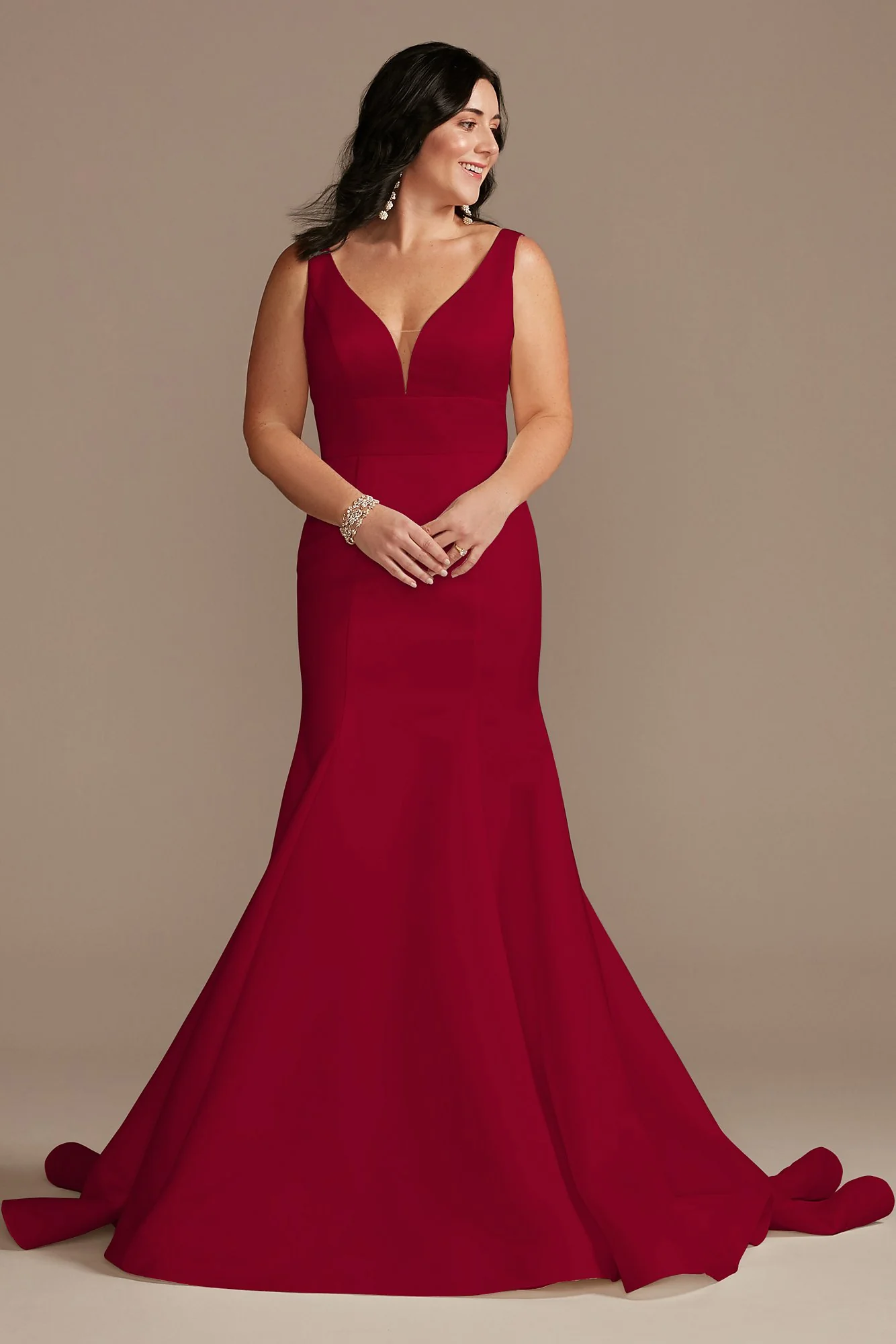 Plunge Mermaid Buttoned Satin Petite Wedding Dress - Image 34