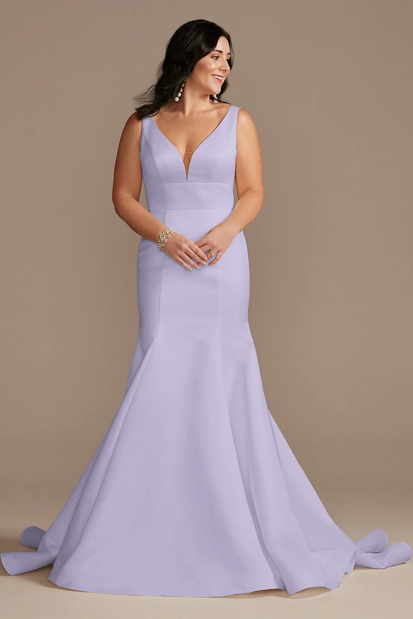 Plunge Mermaid Buttoned Satin Petite Wedding Dress - Image 36