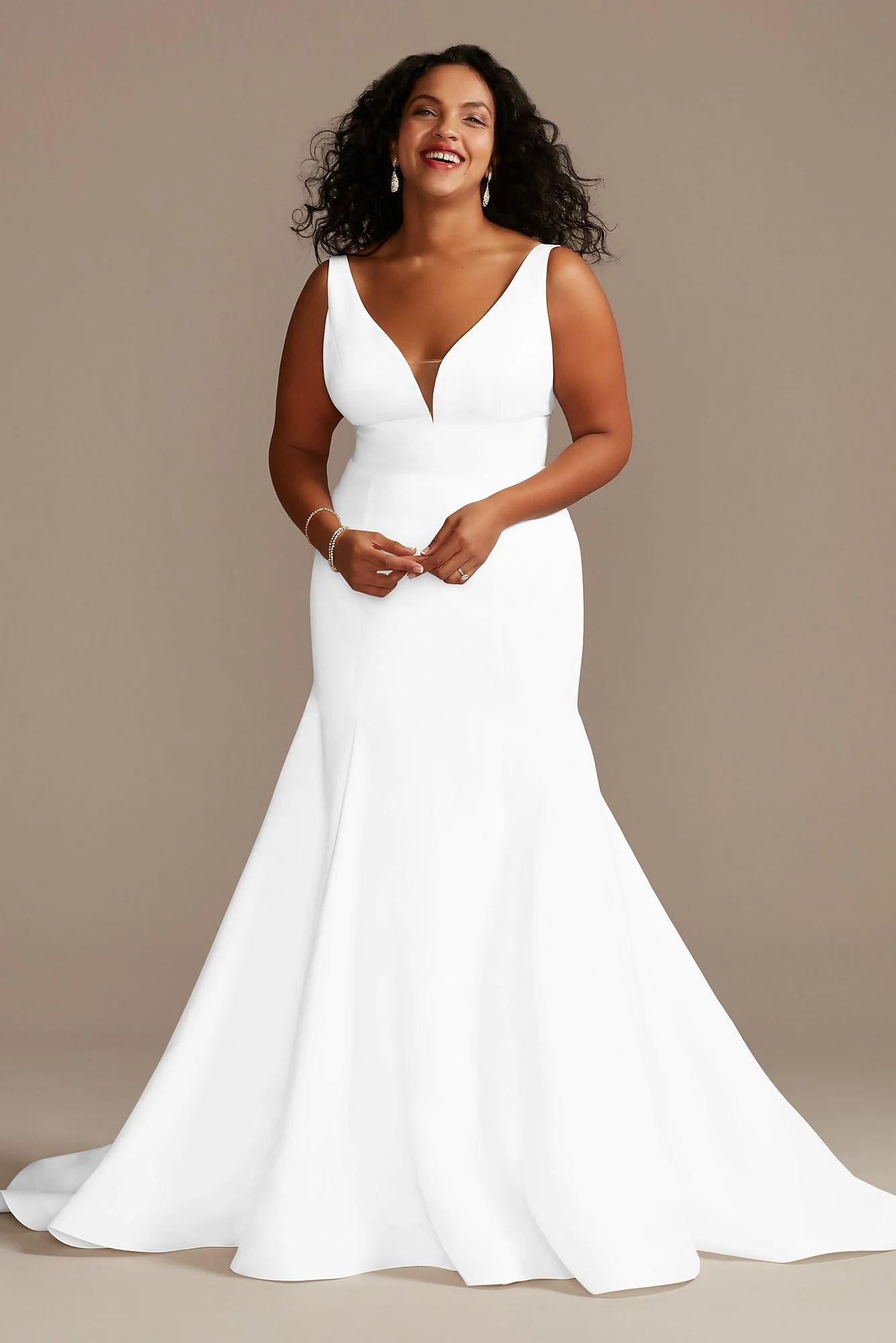 Plunge Mermaid Buttoned Satin Petite Wedding Dress - Image 4