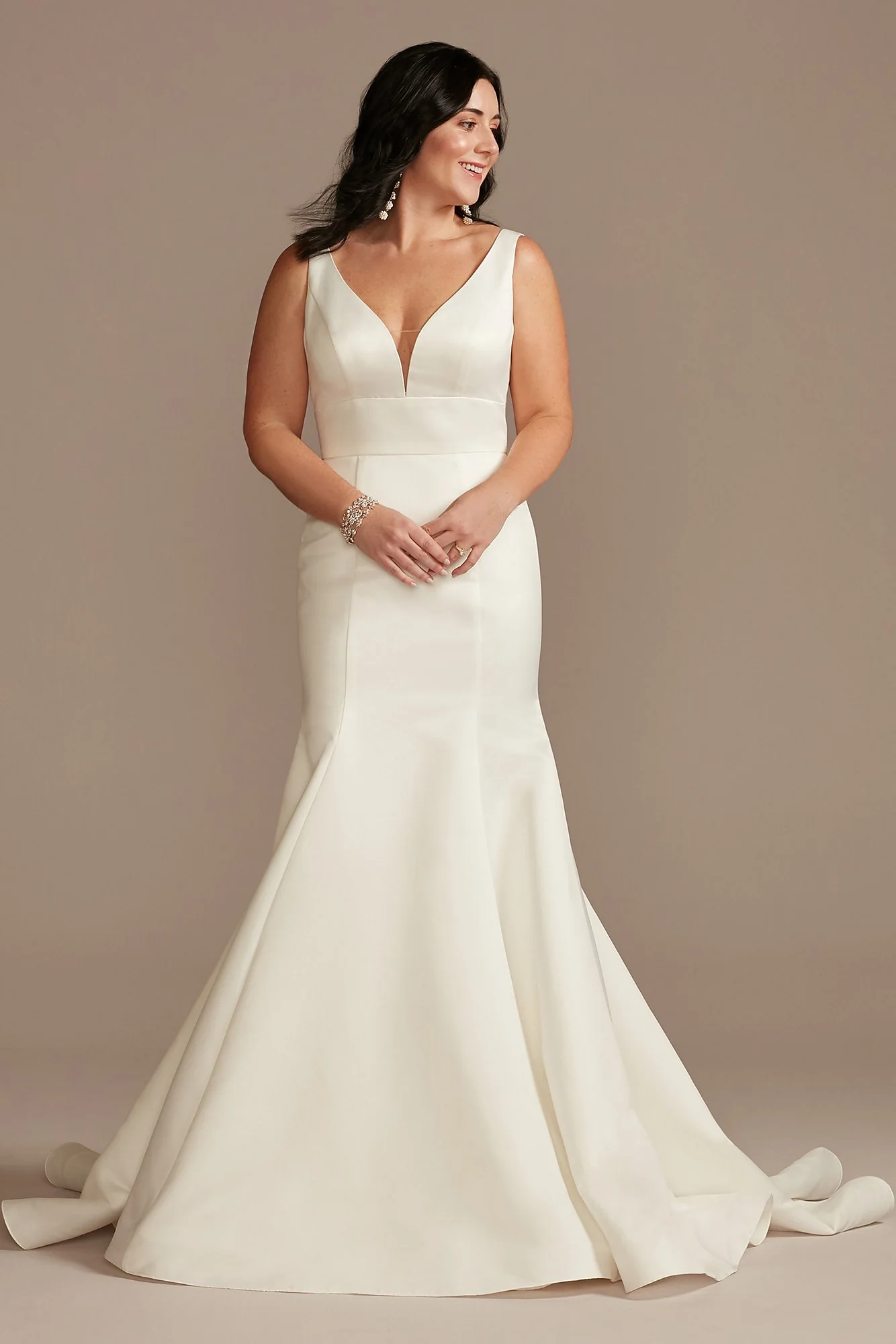 Plunge Mermaid Buttoned Satin Petite Wedding Dress - Image 41