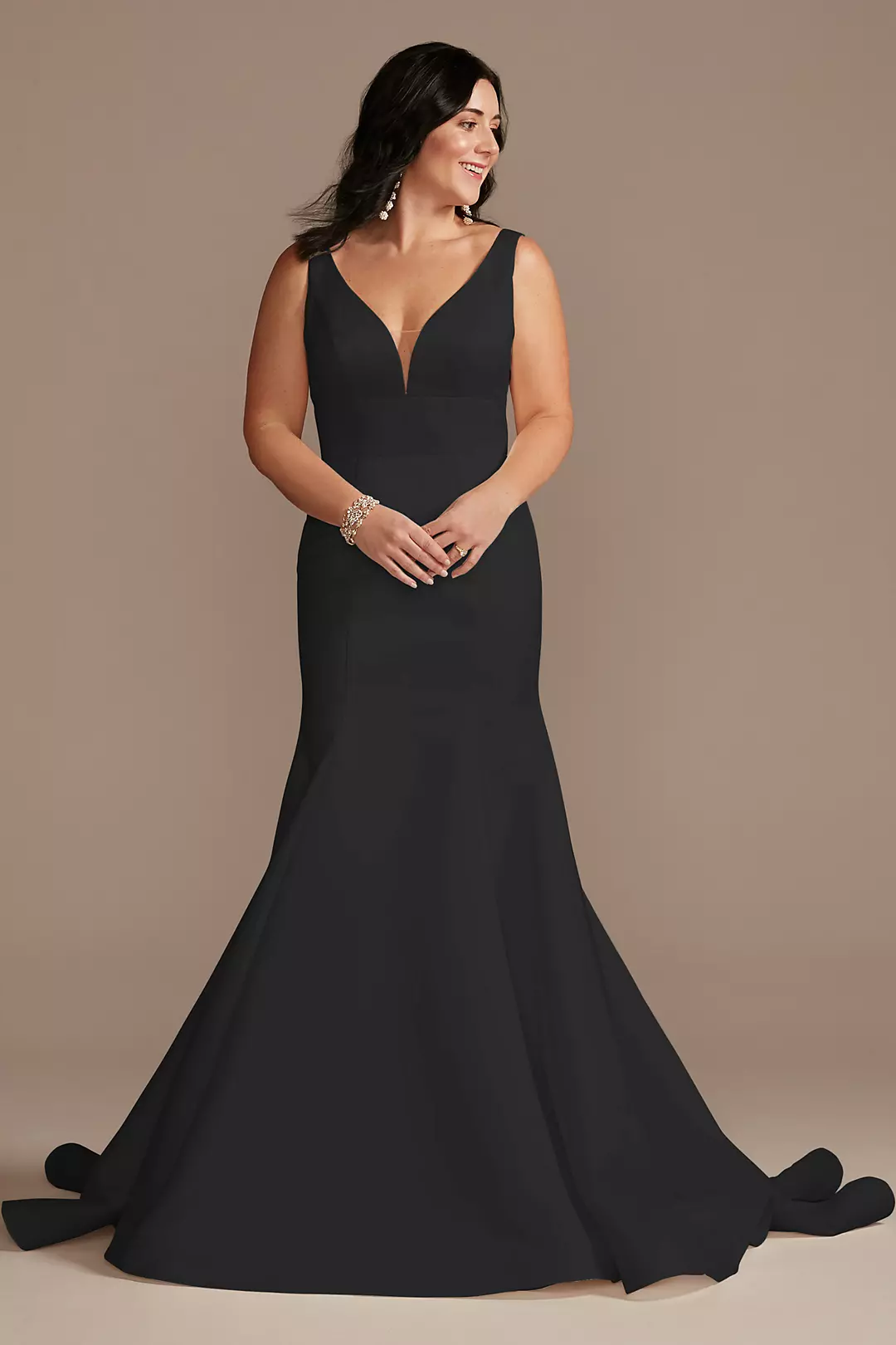 Plunge Mermaid Buttoned Satin Petite Wedding Dress - Image 45