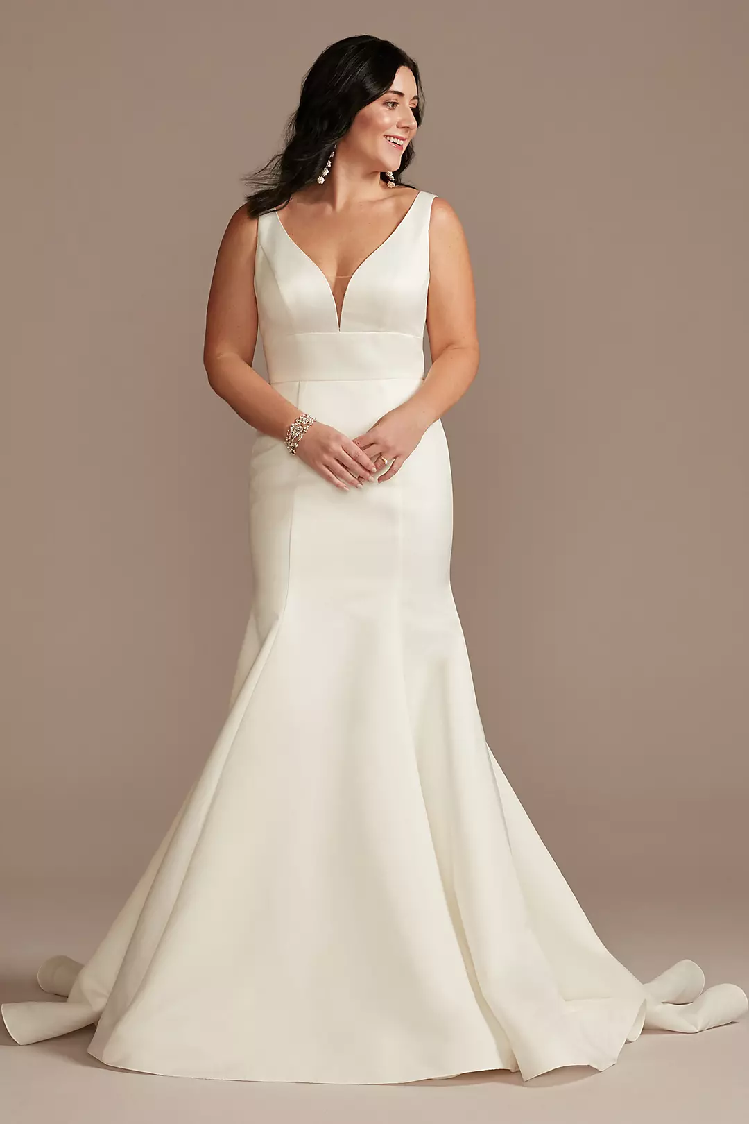 Plunge Mermaid Buttoned Satin Petite Wedding Dress - Image 46