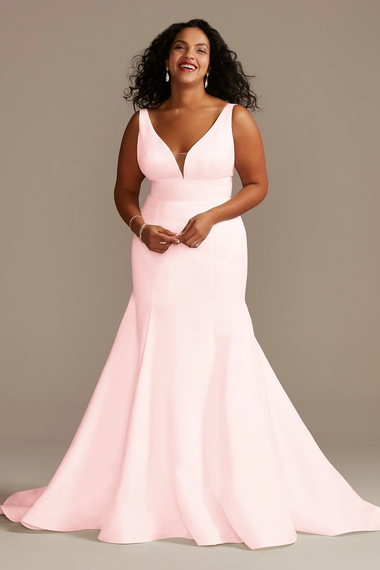 Plunge Mermaid Buttoned Satin Petite Wedding Dress - Image 7