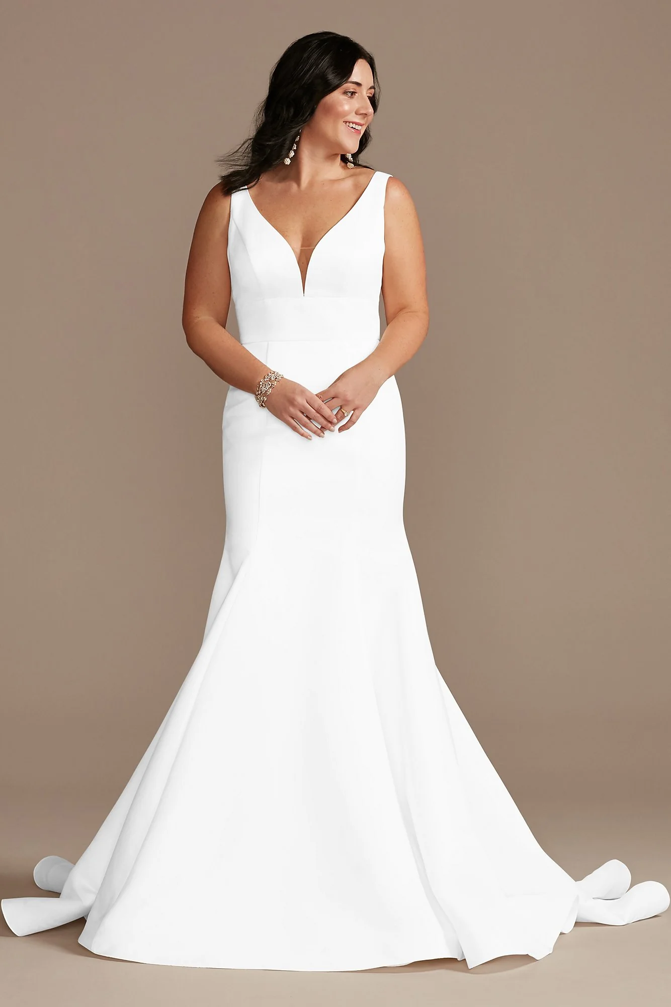 Plunge Mermaid Buttoned Satin Petite Wedding Dress - Image 9