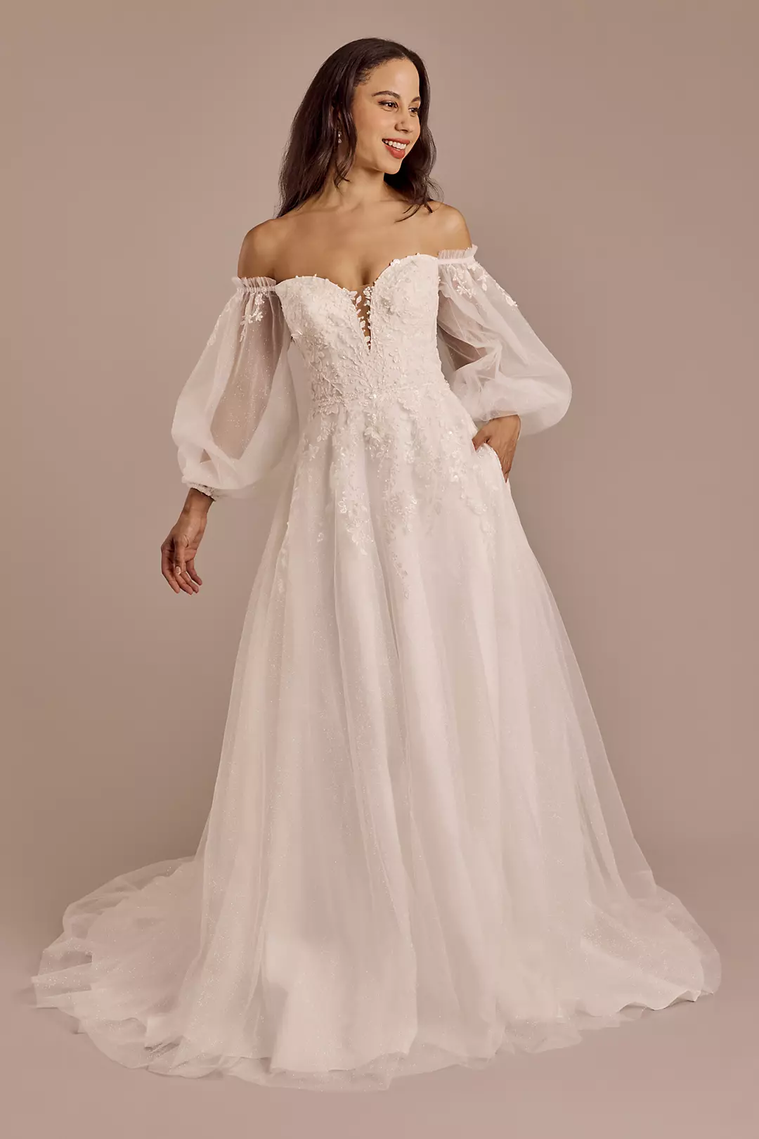 Plunge Neckline Billow Sleeve Wedding Dress - Image 9