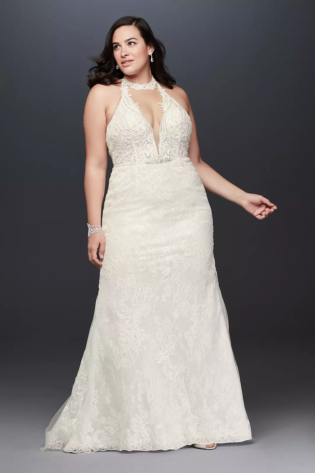 Plunge Neckline Halter Plus Size Wedding Dress - Image 40