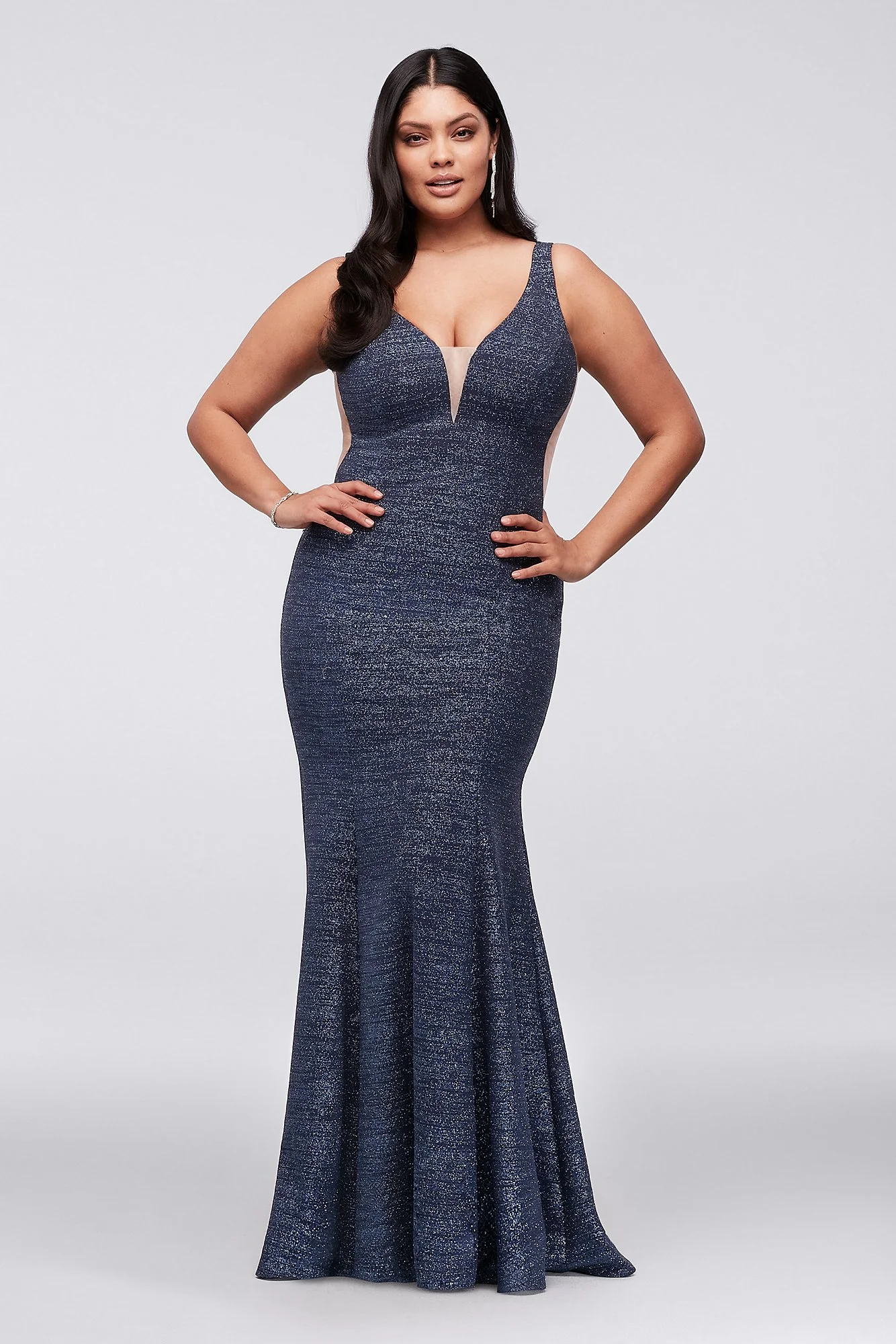 Plunge V-Neck Glitter Knit Mermaid Gown - Image 2