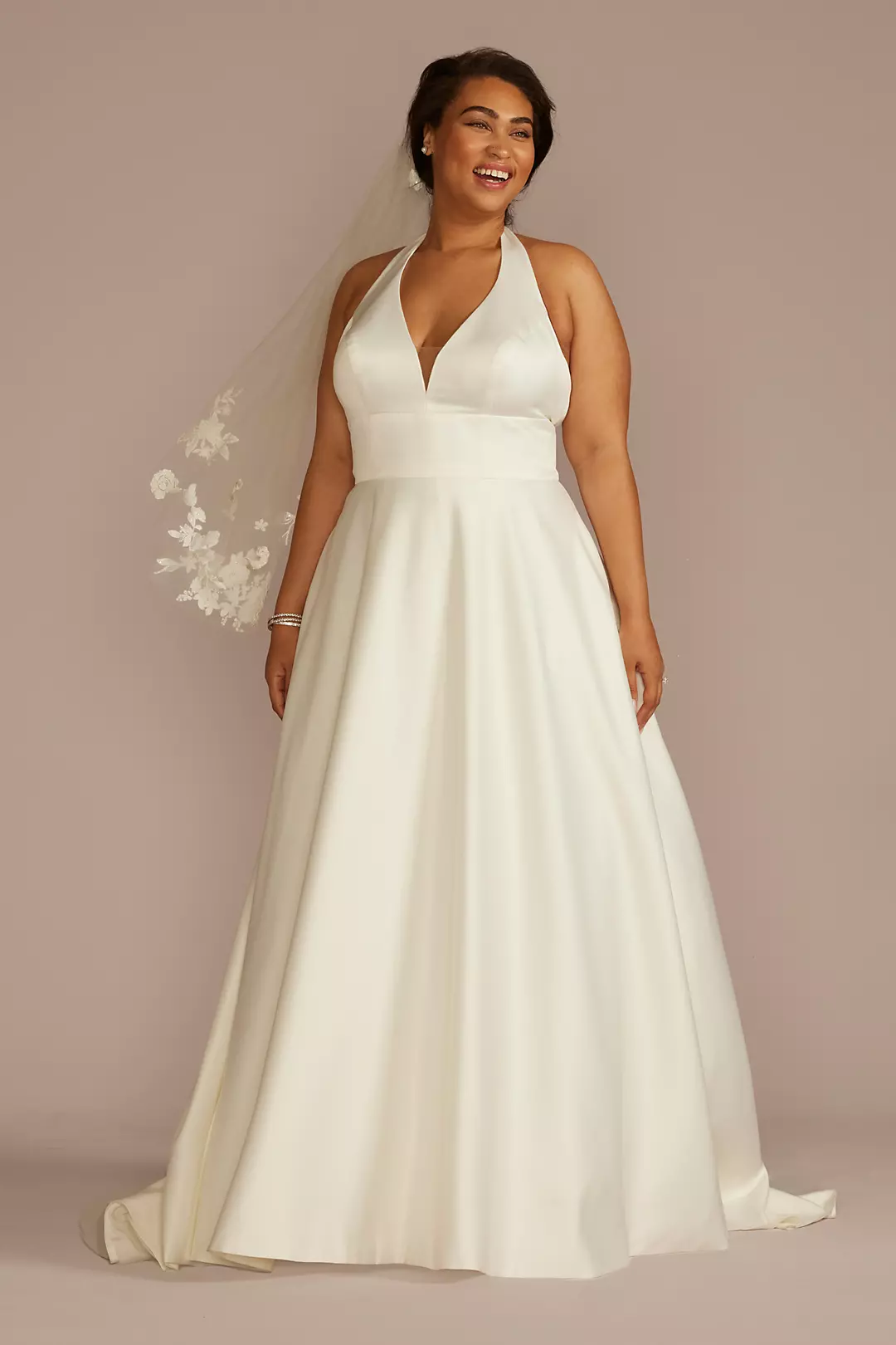 Plunging Halter Satin A-Line Wedding Dress - Image 21
