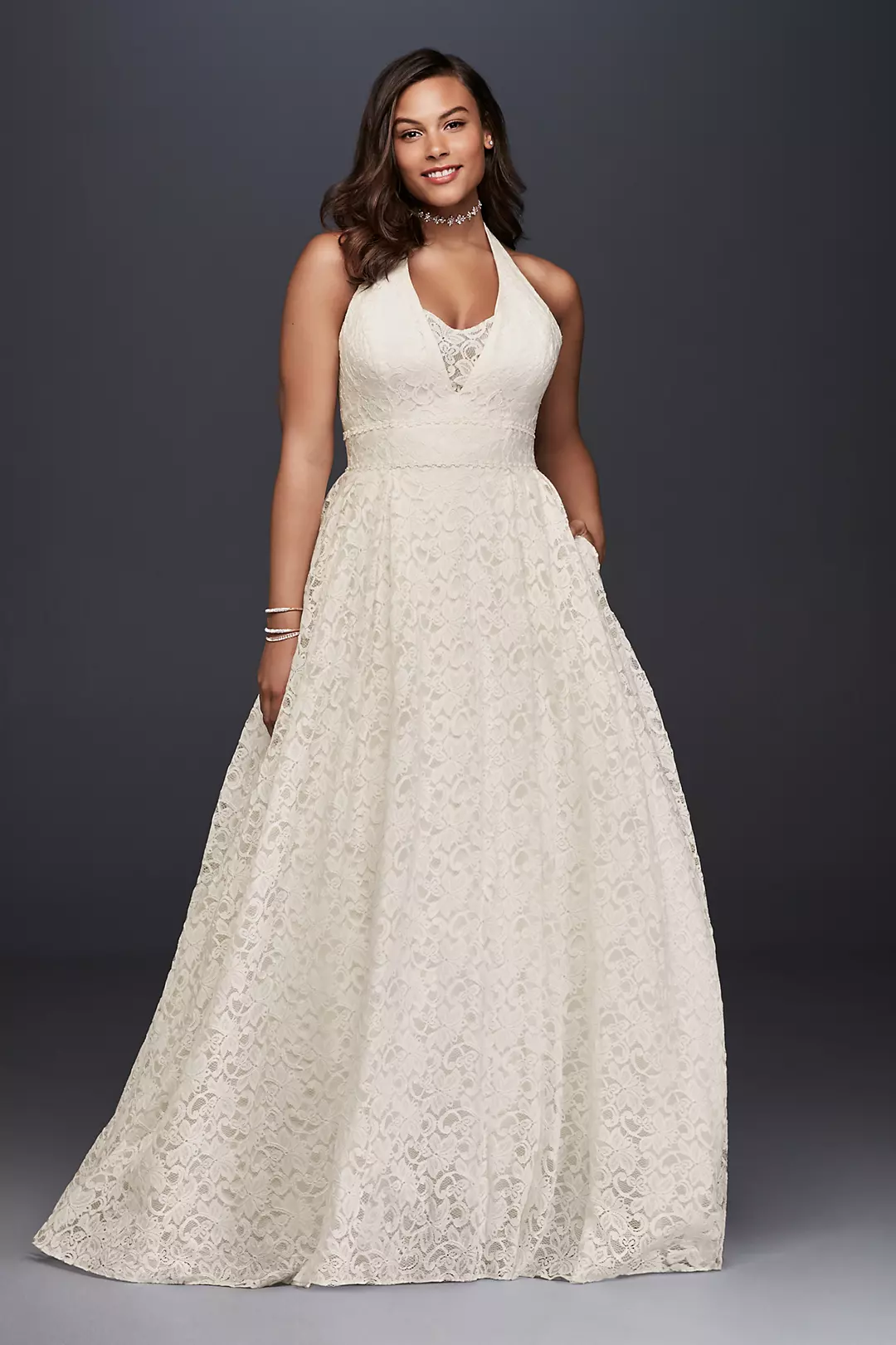 Plunging Lace Halter Ball Gown Wedding Dress