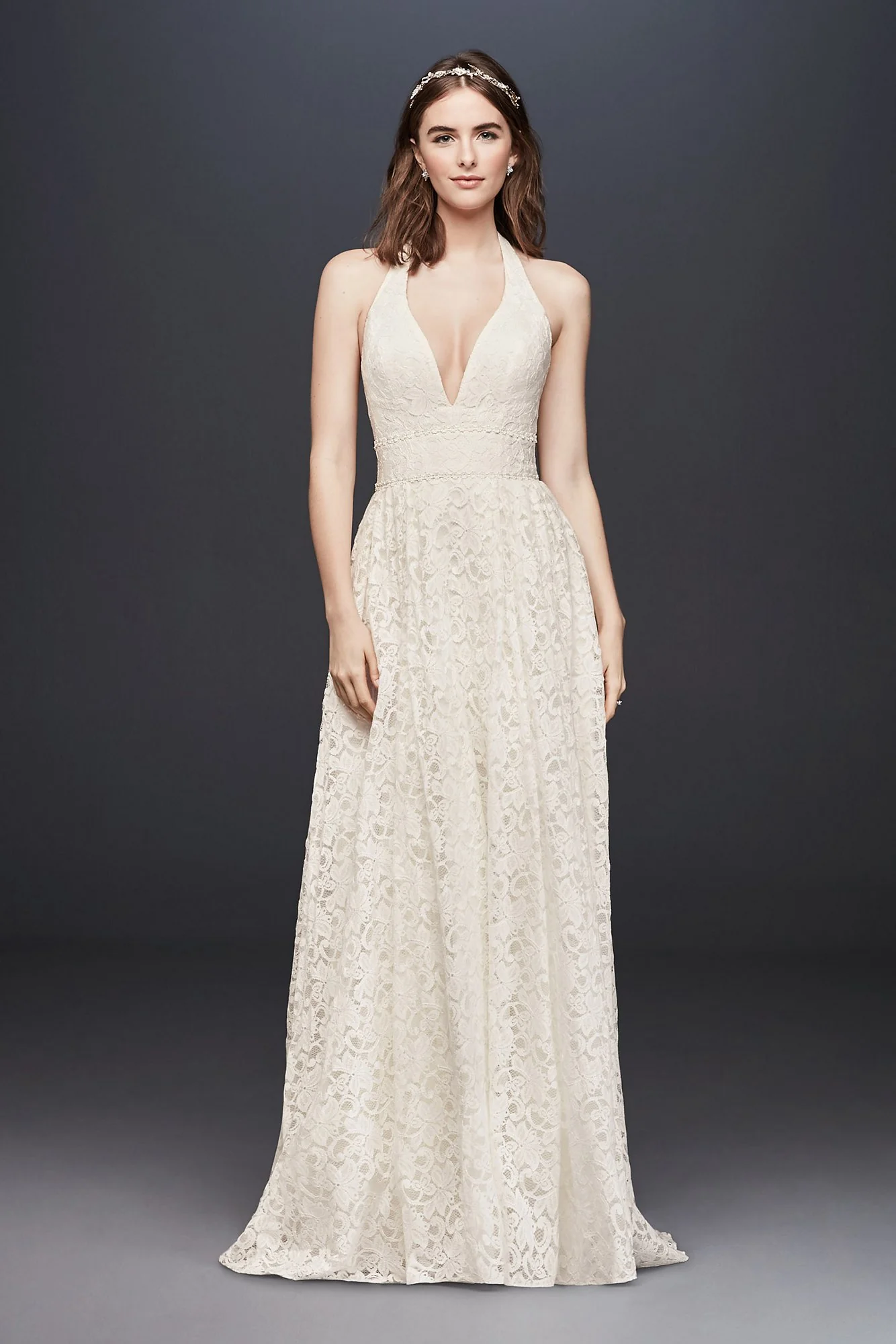 Plunging Lace Halter Ball Gown Wedding Dress - Image 3