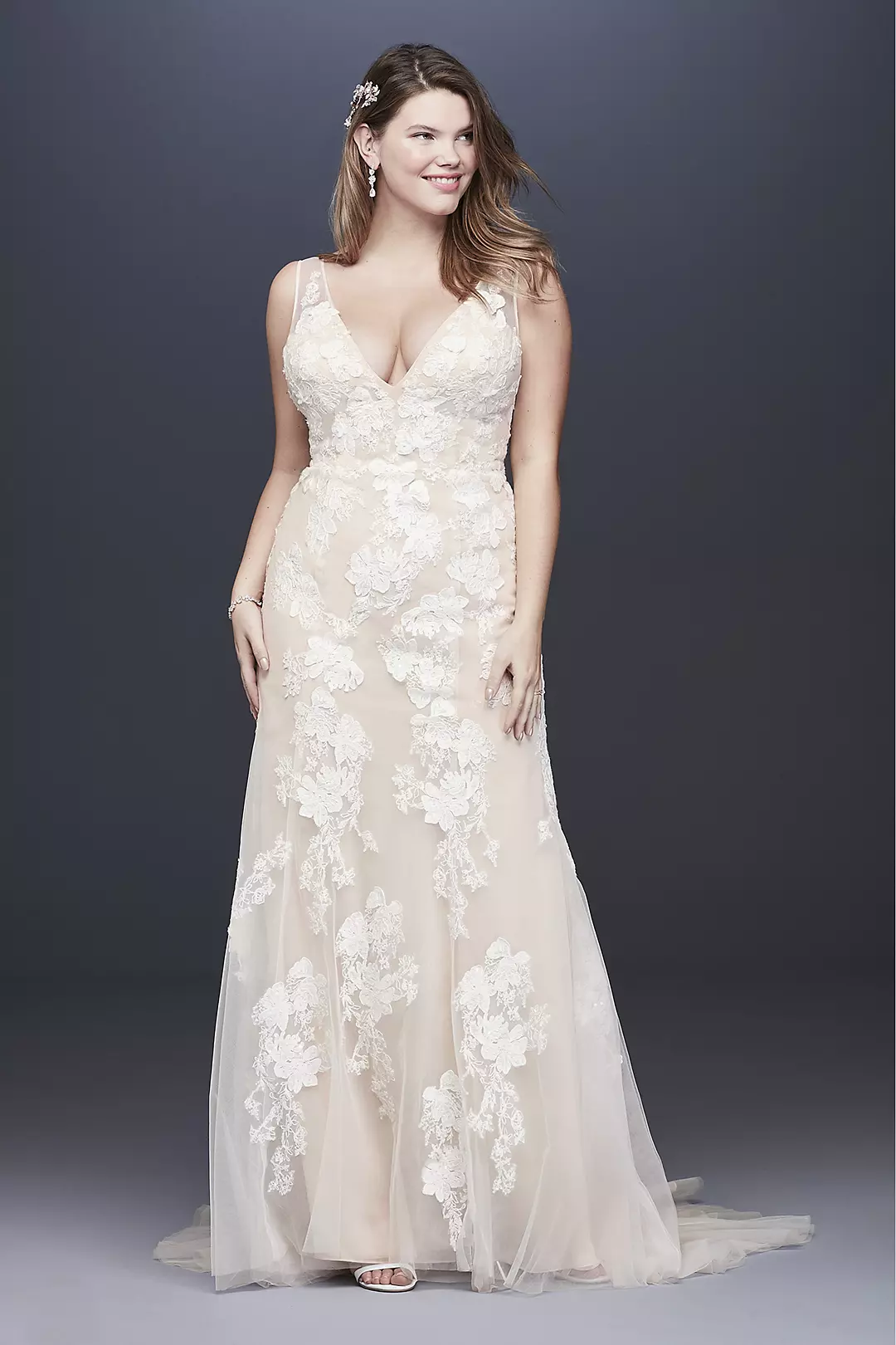 Deep V Plus Size Wedding Gown with Floral Applique - Image 10