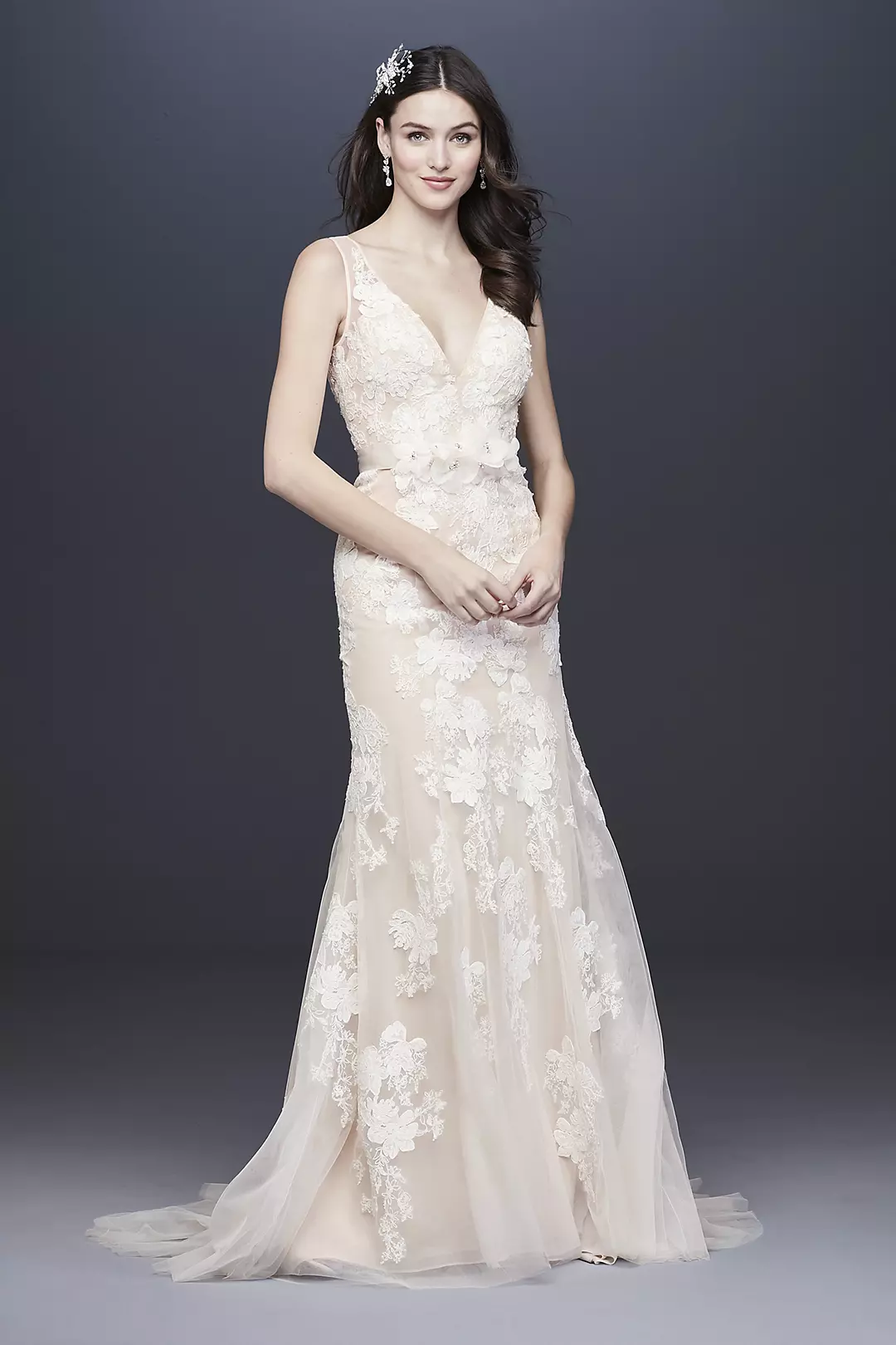Deep V Plus Size Wedding Gown with Floral Applique - Image 17
