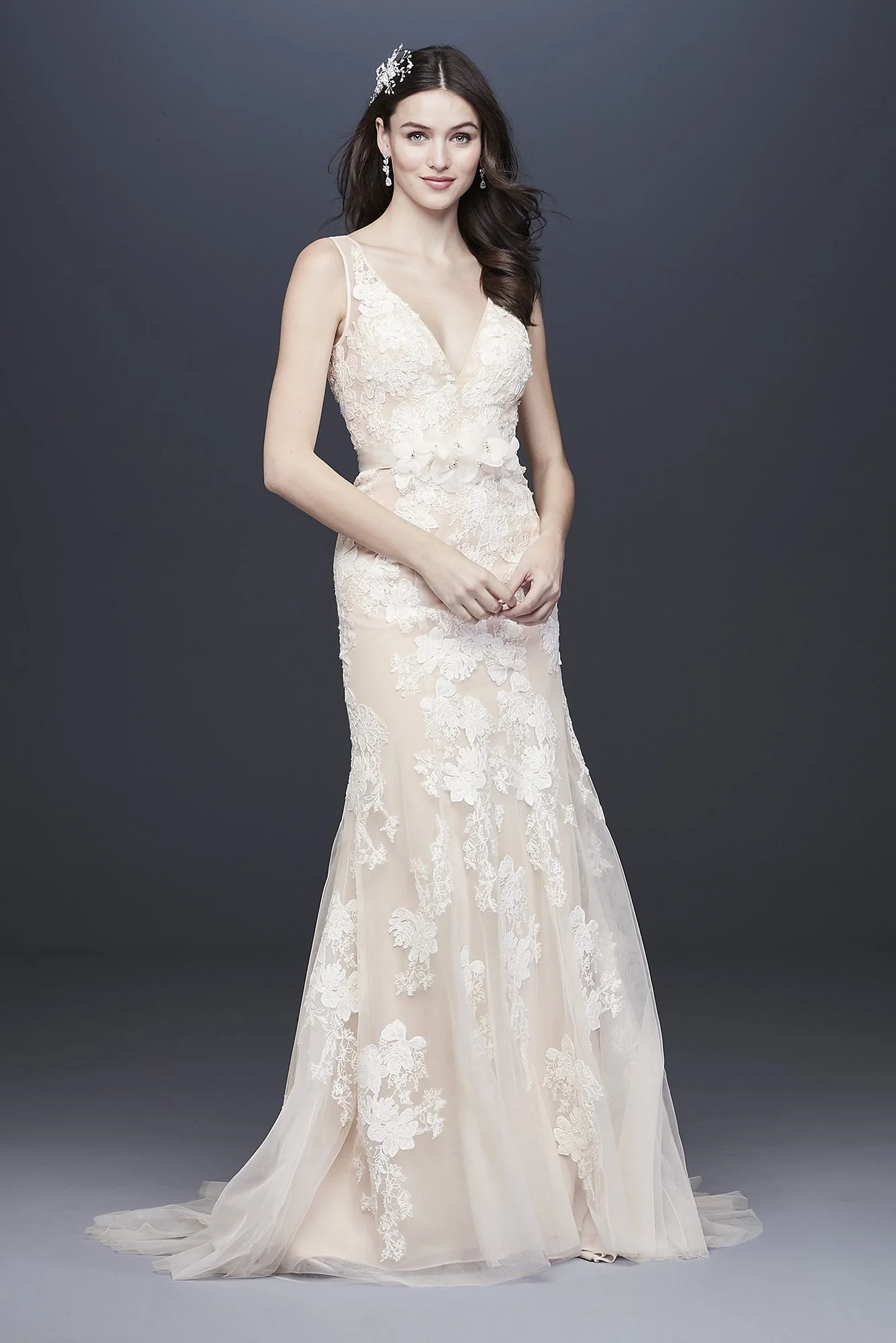 Deep V Plus Size Wedding Gown with Floral Applique - Image 7