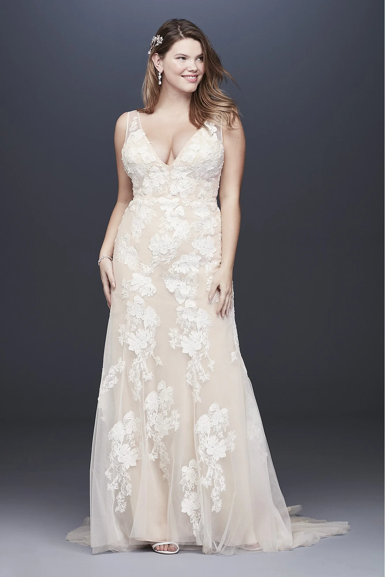 Deep V Plus Size Wedding Gown with Floral Applique - Image 9