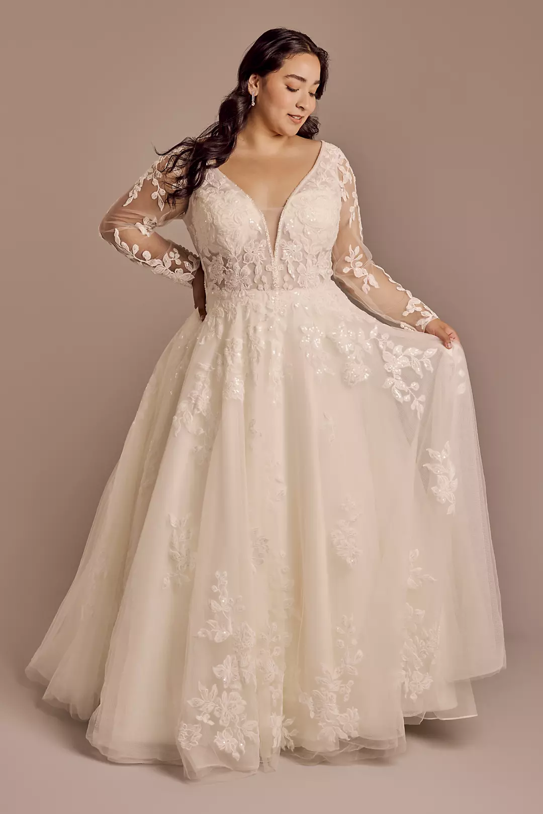 Plunging Long Sleeve Tulle Ball Gown Wedding Dress - Image 10