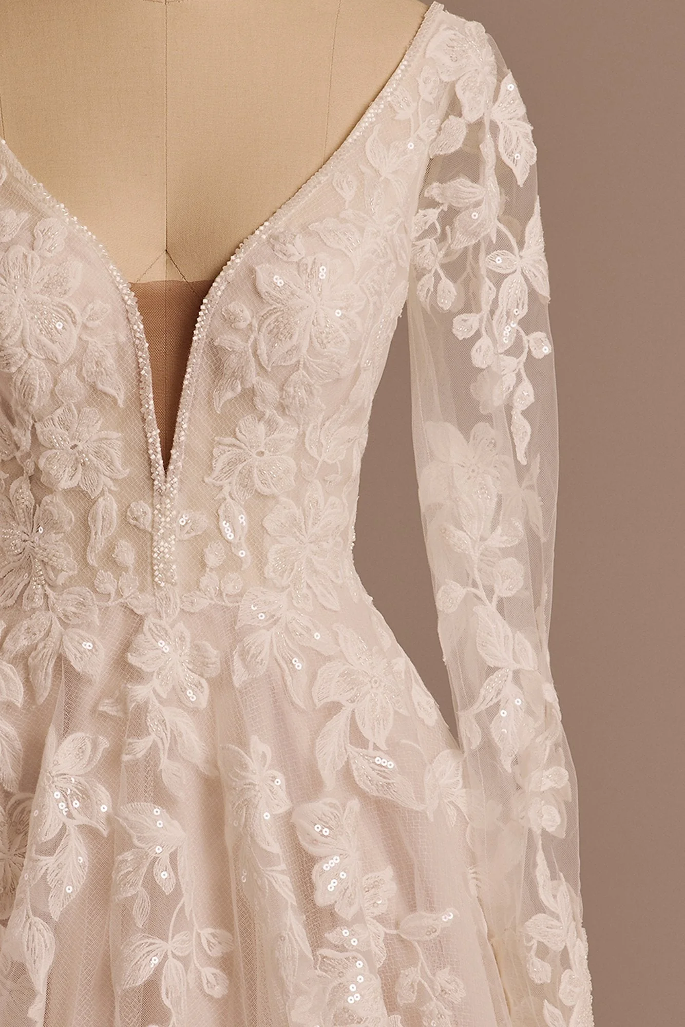 Plunging Long Sleeve Tulle Ball Gown Wedding Dress - Image 14