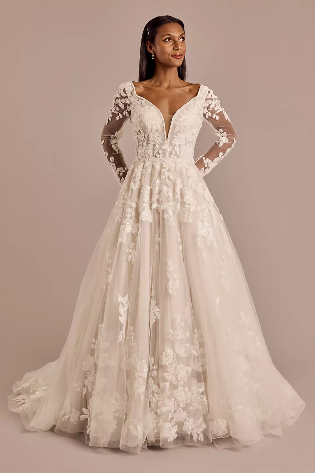 Plunging Long Sleeve Tulle Ball Gown Wedding Dress - Image 19