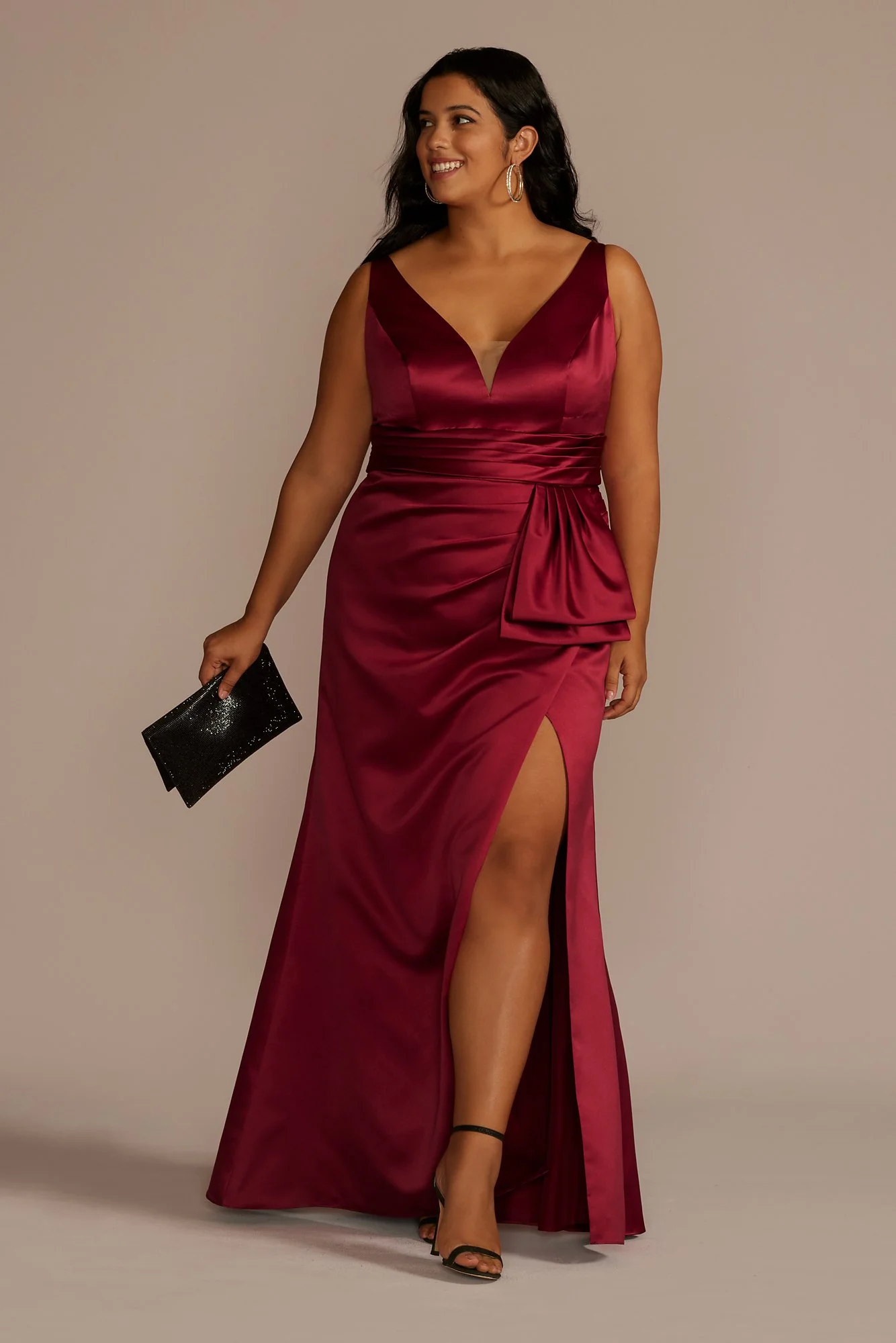 Plunging Satin Tank Sheath Dress with Slit - Image 2