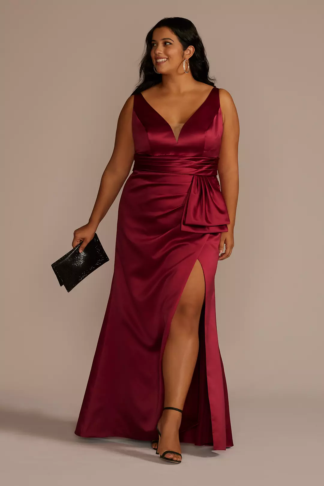 Plunging Satin Tank Sheath Dress with Slit - Image 4