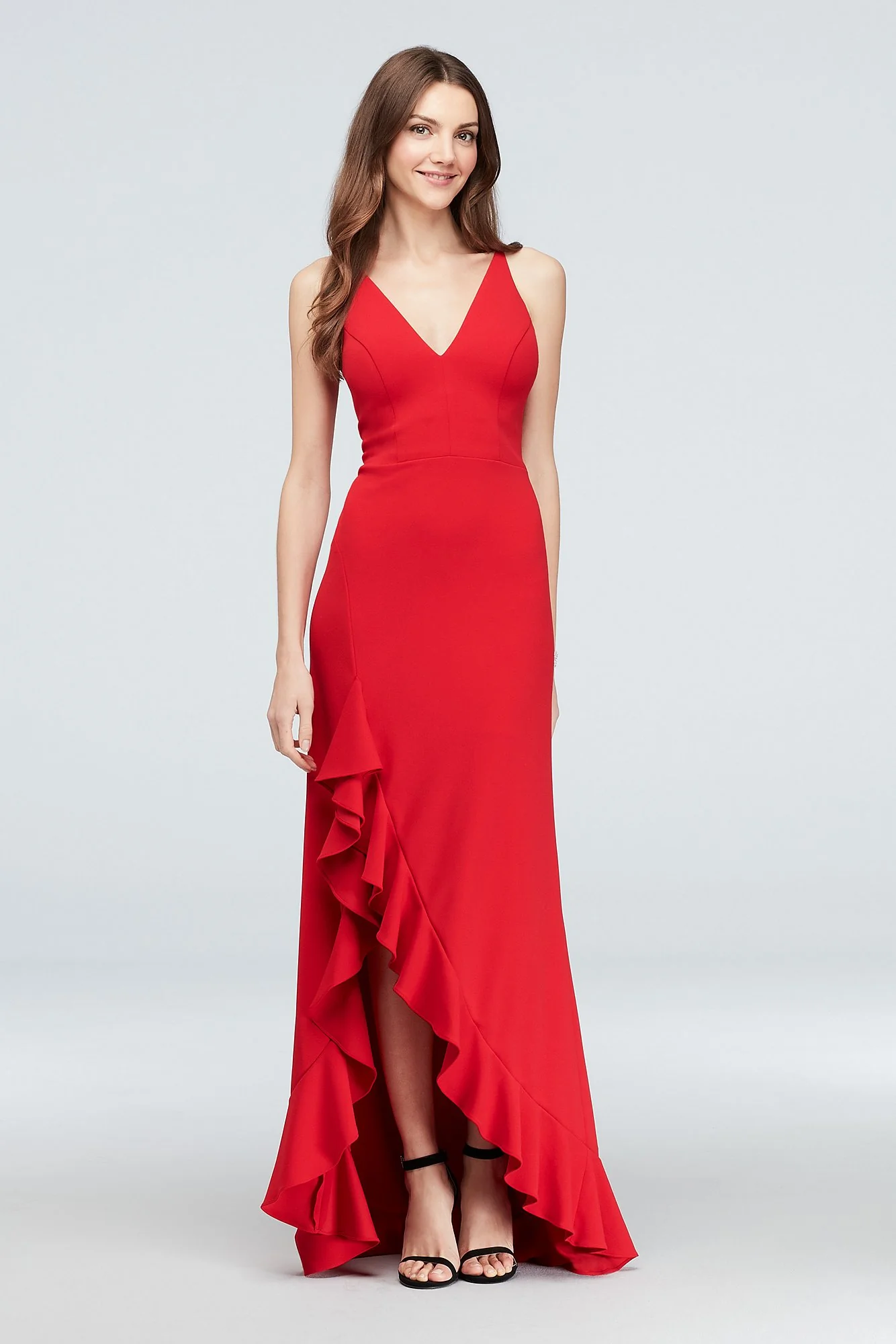 Plunging Scuba Crepe Gown with Ruffled Skirt
