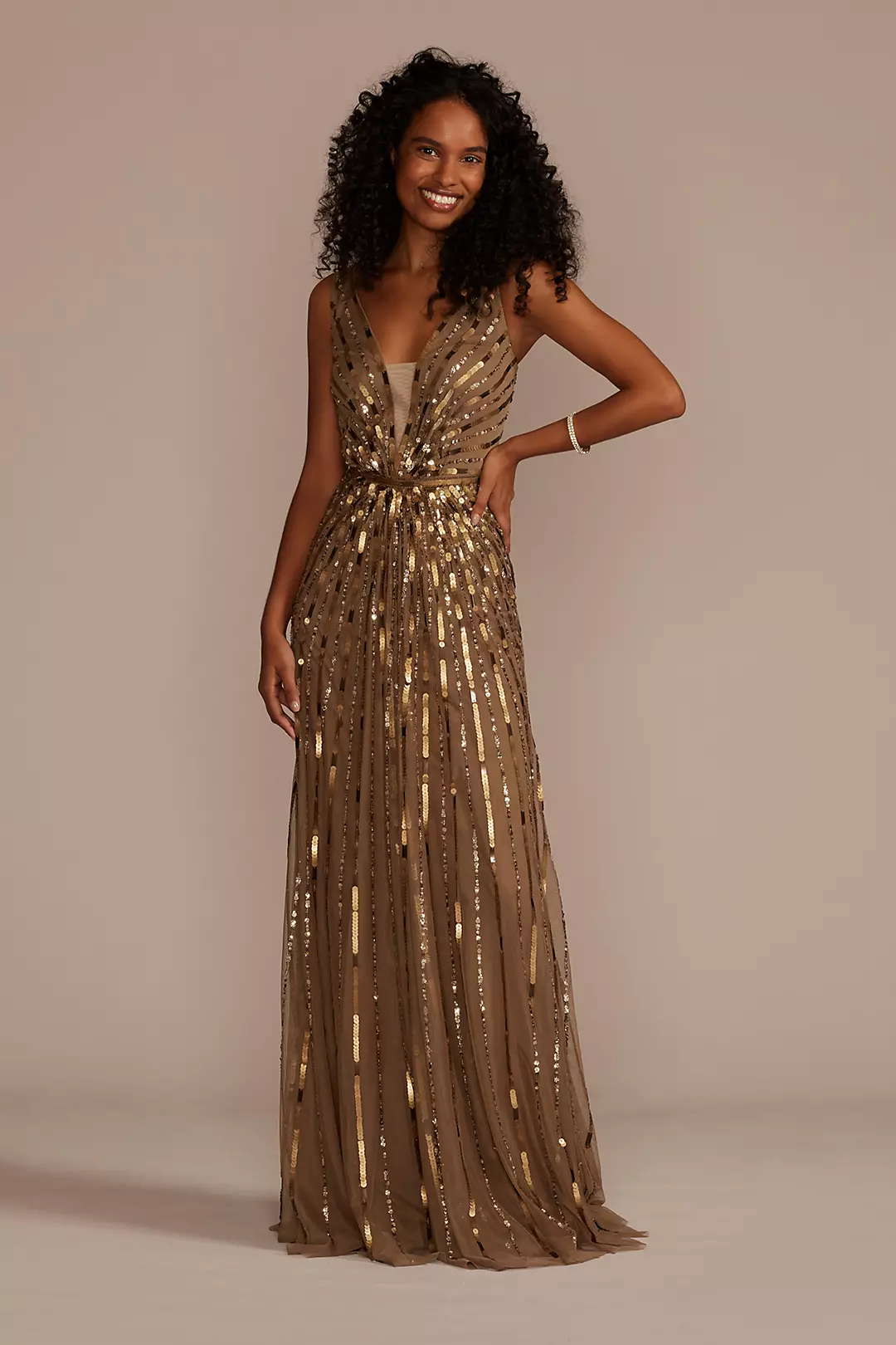 Plunging Sequin and Beaded A-Line Gown - Image 6