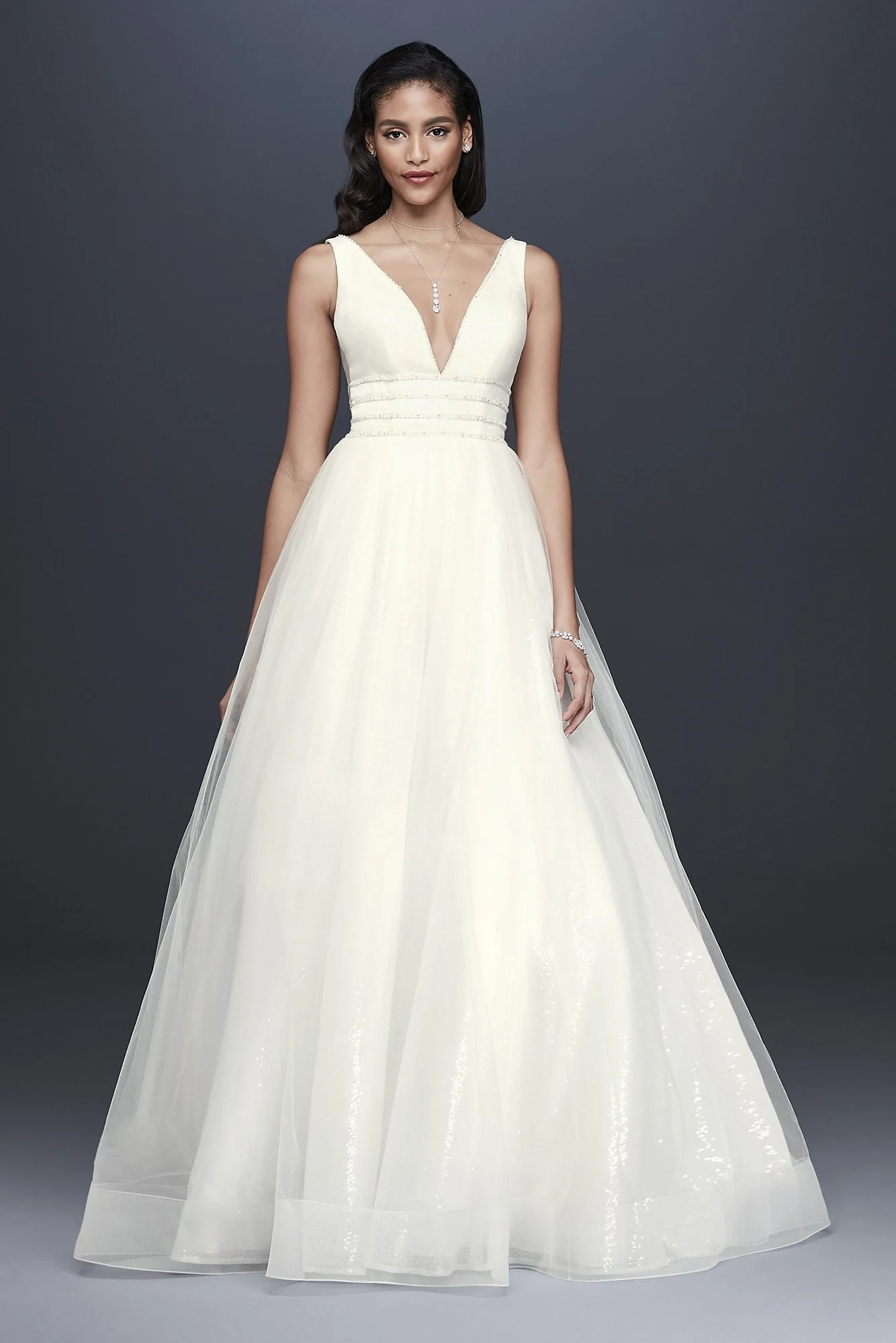 Plunging Sequin Tulle Ball Gown Wedding Dress - Image 2