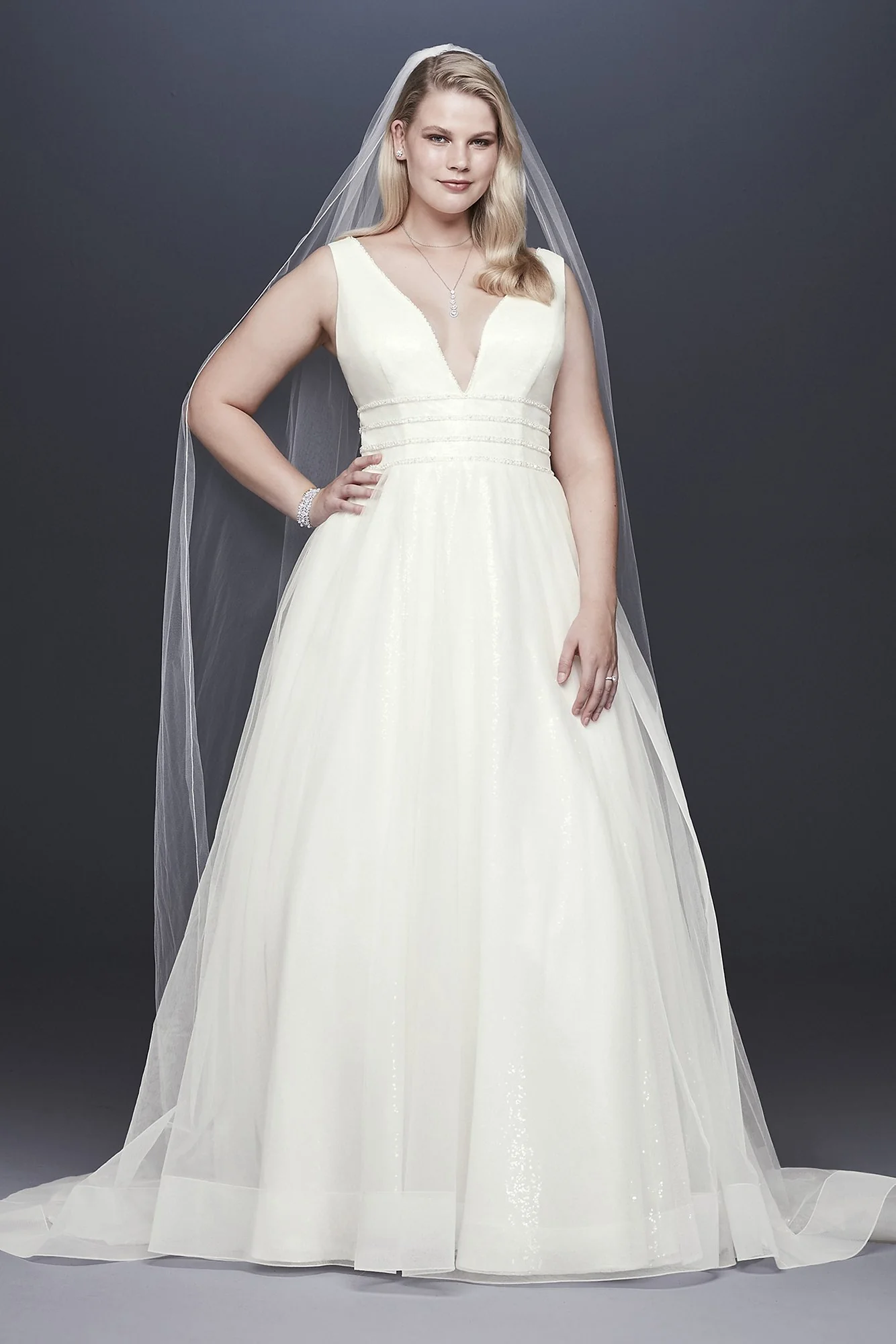 Plunging Sequin Tulle Ball Gown Wedding Dress - Image 5