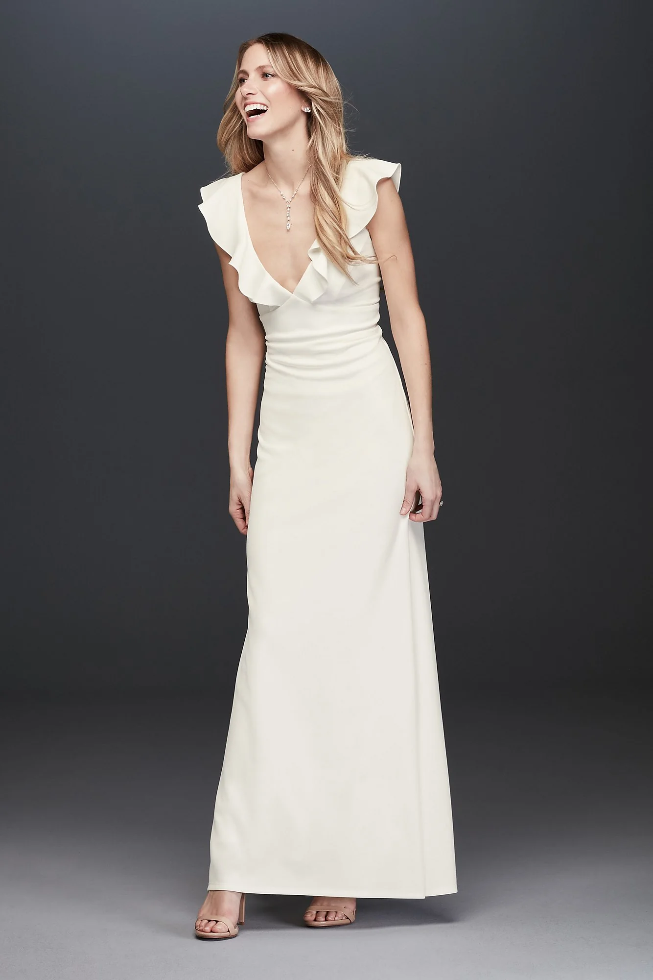 Plunging V-Neck Ruffle Strap Low Back Crepe Gown - Image 3